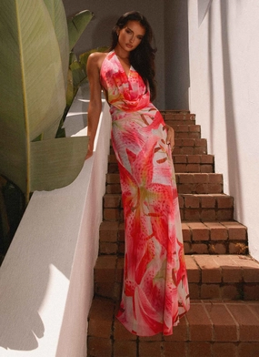 Elysia Mesh Maxi Dress - White Pink Lilly Straight-Cut Peplum-Style