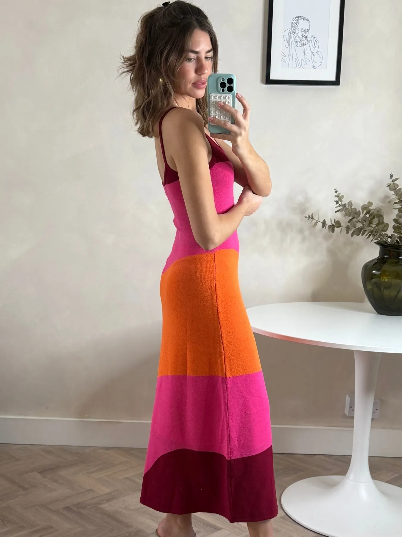 Smart Detail Colourblock Strappy Knitted Midi Dress in Orange & pink