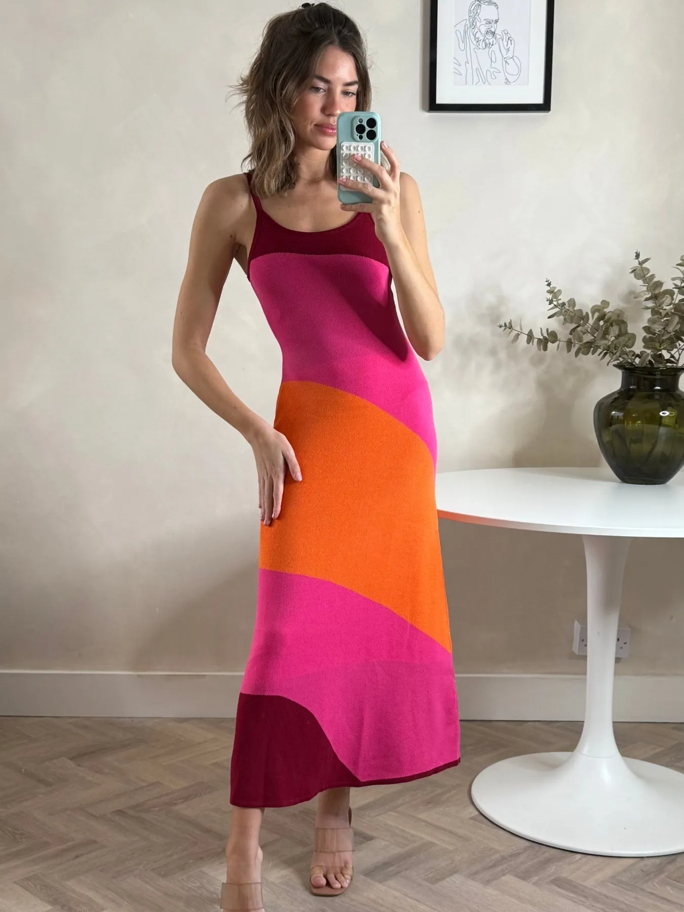 Colourblock Strappy Knitted Midi Dress in Orange & pink Fresh Style