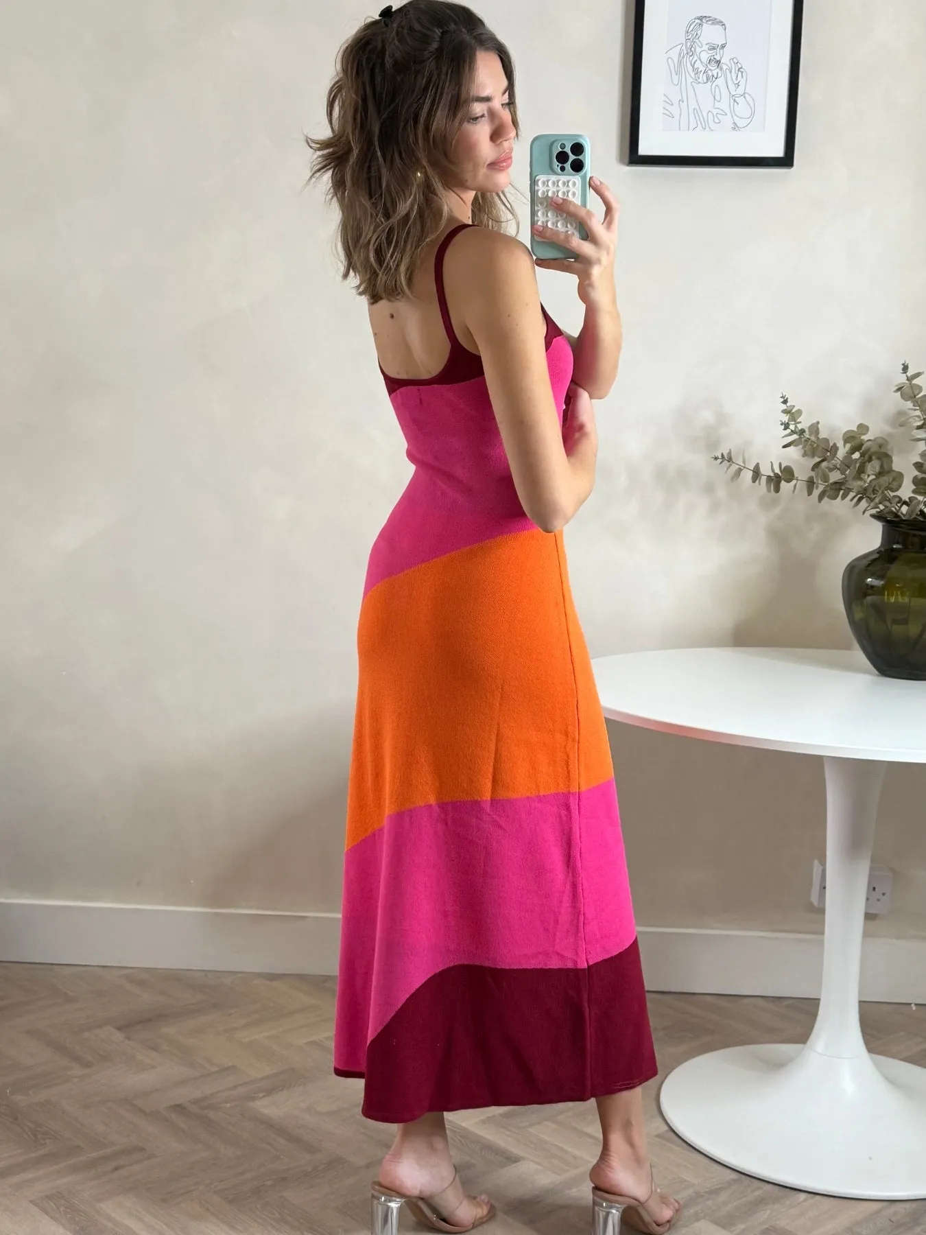 knee-length Colourblock Strappy Knitted Midi Dress in Orange & pink