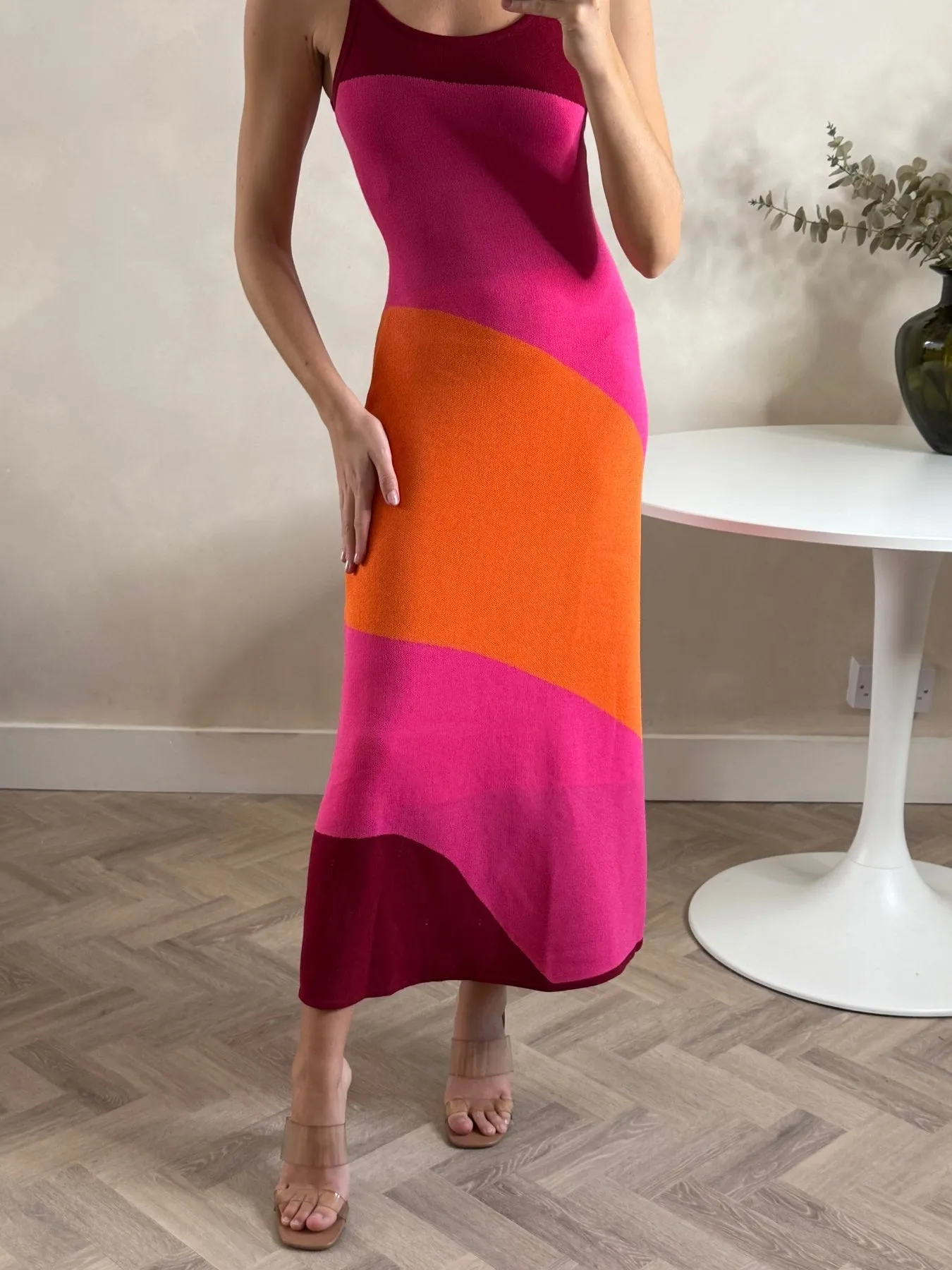 Colourblock Strappy Knitted Midi Dress in Orange & pink Breathable fabric Wide Hemline