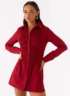 Fall Fashion Tessie Shirred Shirt Dress - Rhubarb