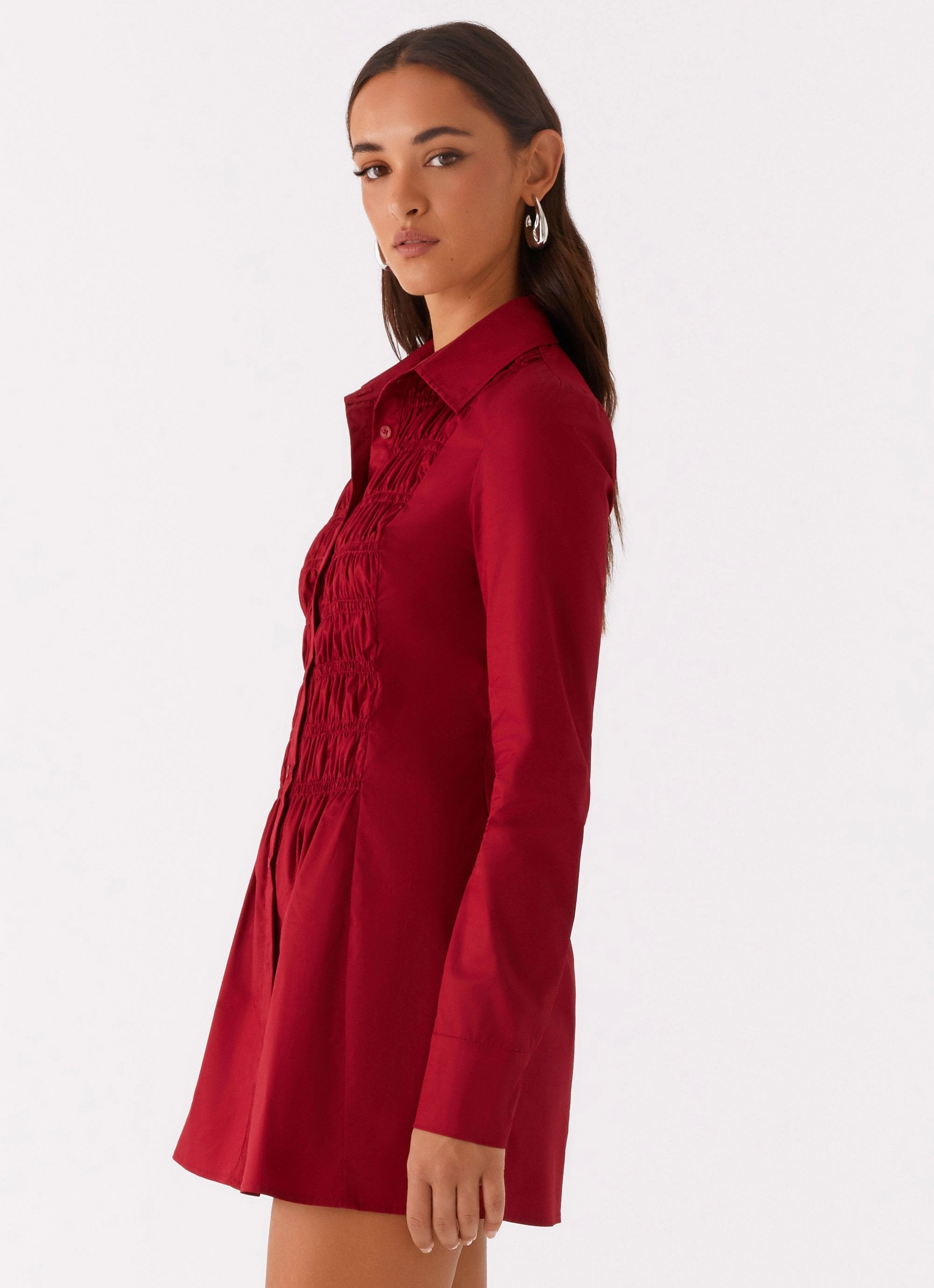 Sheer Overlay Tessie Shirred Shirt Dress - Rhubarb