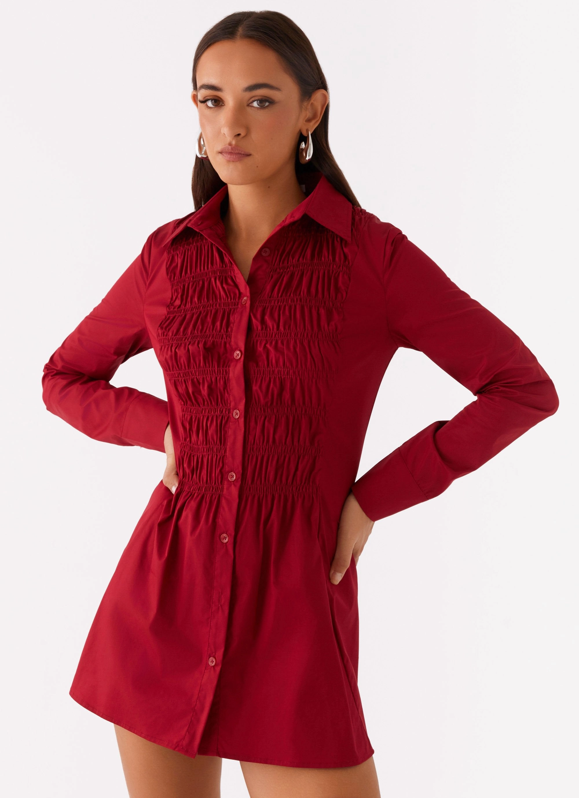 Fall Fashion Tessie Shirred Shirt Dress - Rhubarb