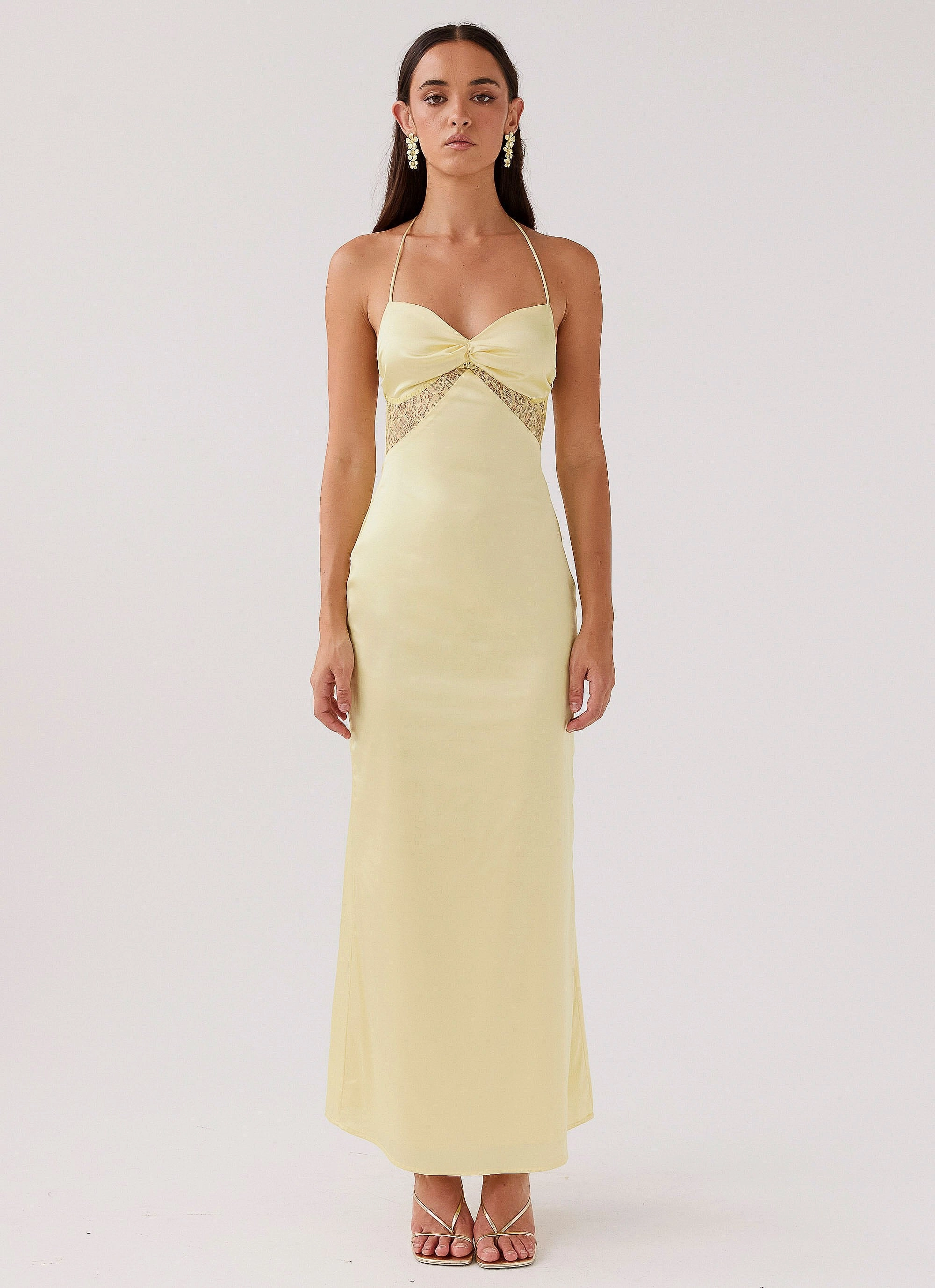 Travel-Pack Dream Sight Lace Satin Maxi Dress - Lemon