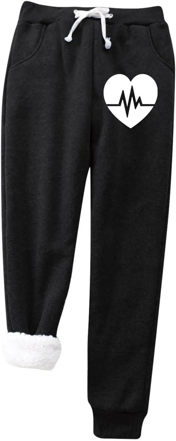 Fleece Pants for Womens Sherpa Lined Sweatpants Winter Warm Athletic Jogger Heart Printed Cozy Thermal Pants Relaxed-Fit Ladies Big & Tall Sweat Heavyweight Fleece Warm Lounge Pajamas
