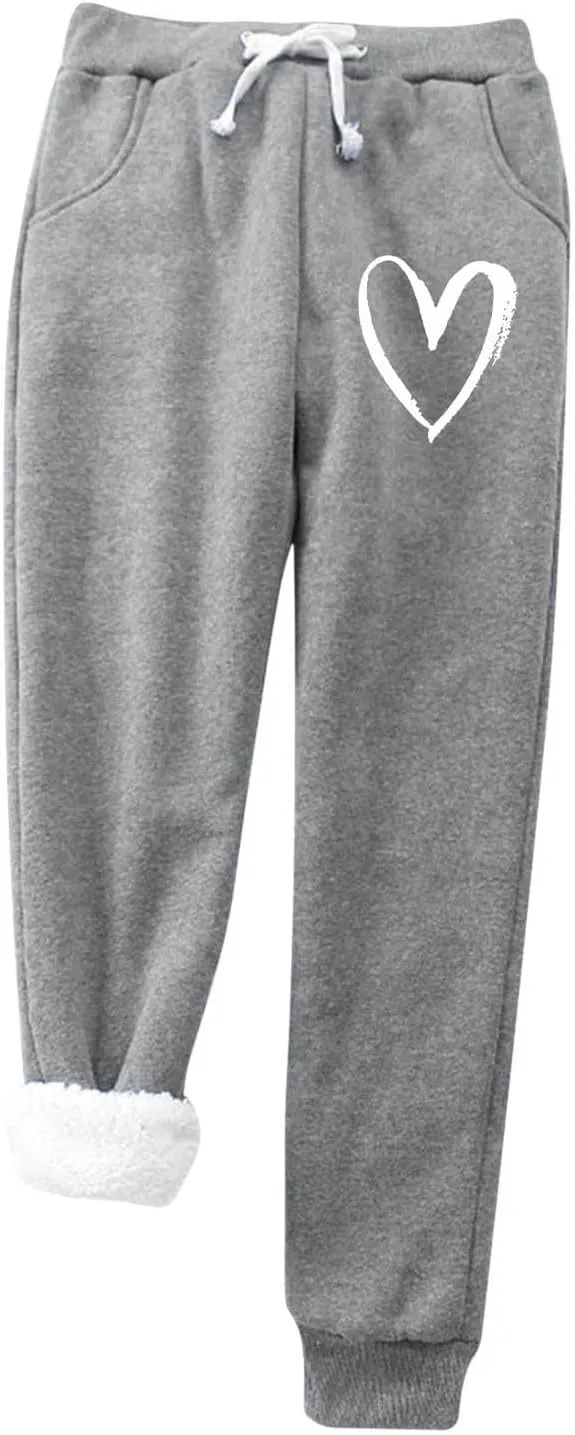 Fleece Pants for Womens Sherpa Lined Sweatpants Winter Warm Athletic Jogger Heart Printed Cozy Thermal Pants Relaxed-Fit Ladies Big & Tall Sweat Heavyweight Fleece Warm Lounge Pajamas