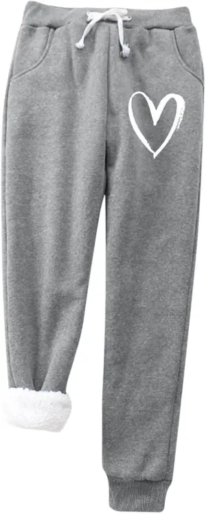 Fleece Pants for Womens Sherpa Lined Sweatpants Winter Warm Athletic Jogger Heart Printed Cozy Thermal Pants Relaxed-Fit Ladies Big & Tall Sweat Heavyweight Fleece Warm Lounge Pajamas