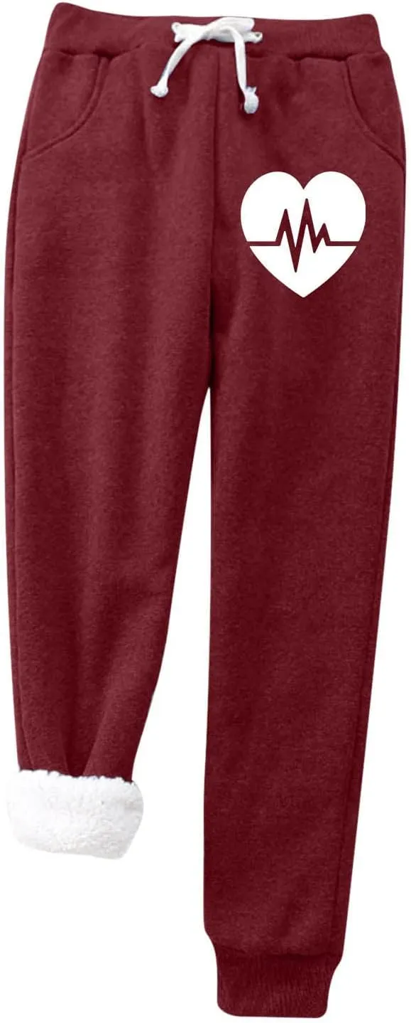 Fleece Pants for Womens Sherpa Lined Sweatpants Winter Warm Athletic Jogger Heart Printed Cozy Thermal Pants Relaxed-Fit Ladies Big & Tall Sweat Heavyweight Fleece Warm Lounge Pajamas