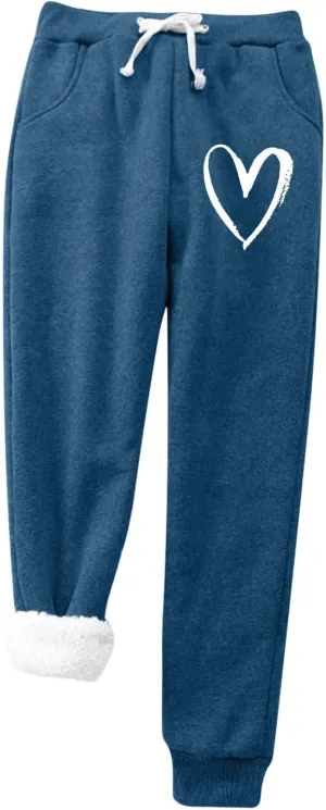 Fleece Pants for Womens Sherpa Lined Sweatpants Winter Warm Athletic Jogger Heart Printed Cozy Thermal Pants Relaxed-Fit Ladies Big & Tall Sweat Heavyweight Fleece Warm Lounge Pajamas