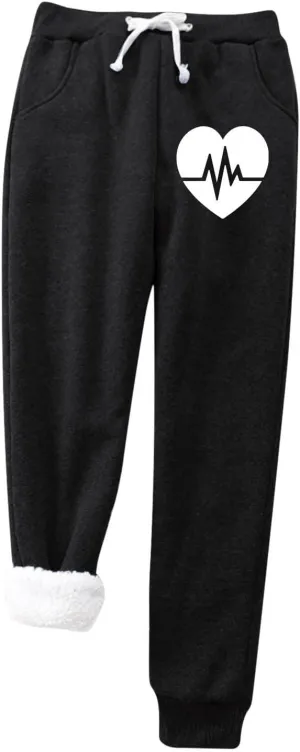 Fleece Pants for Womens Sherpa Lined Sweatpants Winter Warm Athletic Jogger Heart Printed Cozy Thermal Pants Relaxed-Fit Ladies Big & Tall Sweat Heavyweight Fleece Warm Lounge Pajamas