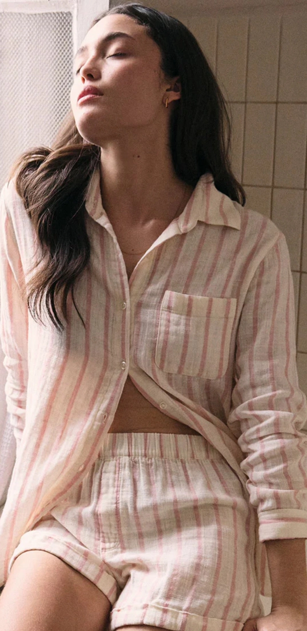 Oversized Silhouette Button Down Collar Morning Stripe Short - Bone (FINAL SALE)