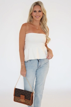 Layered Neckline Ellie Strapless Peplum- White