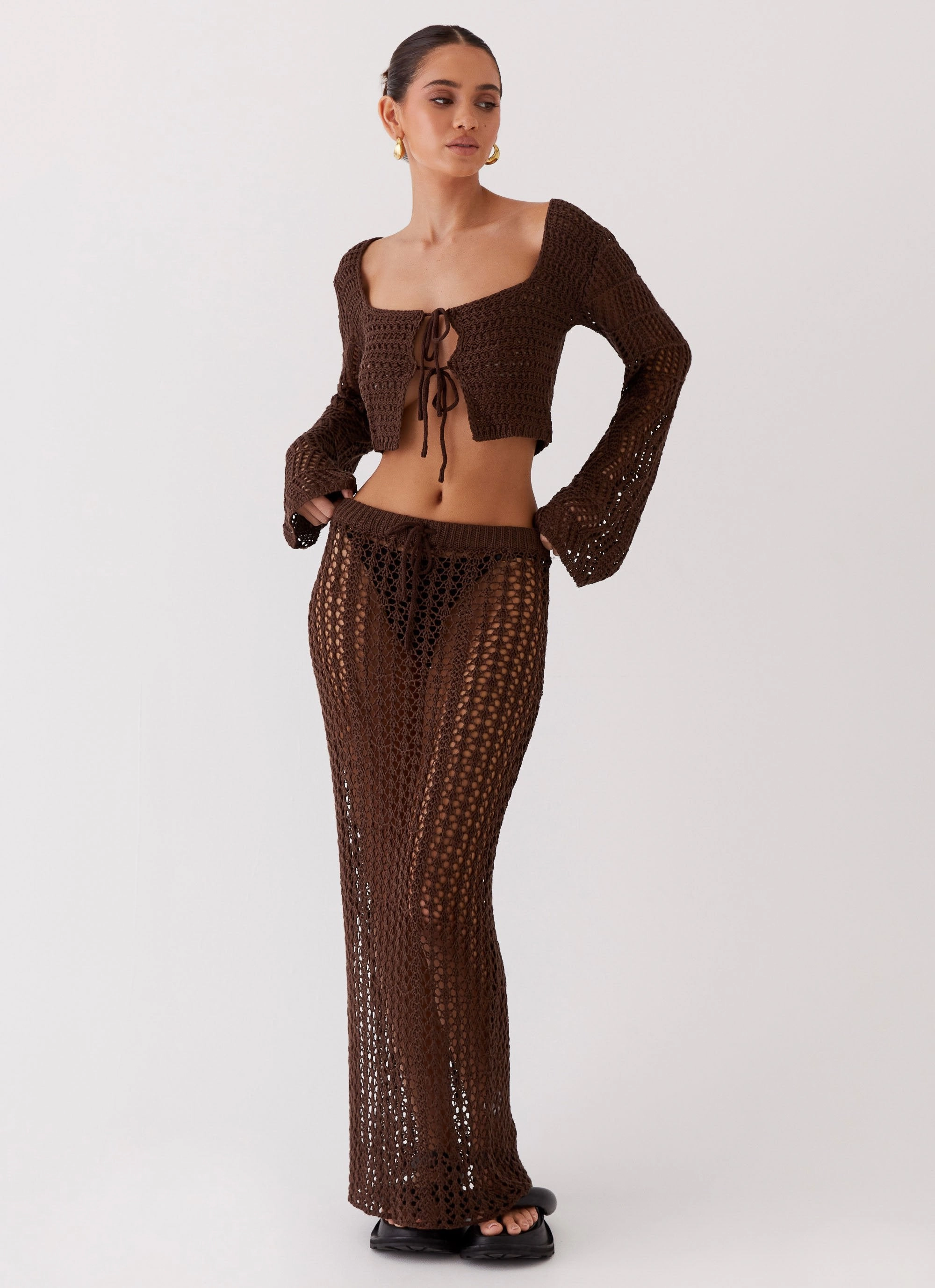Airy Cloth WaterResistant Coating Rosalina Crochet Maxi Skirt - Chocolate