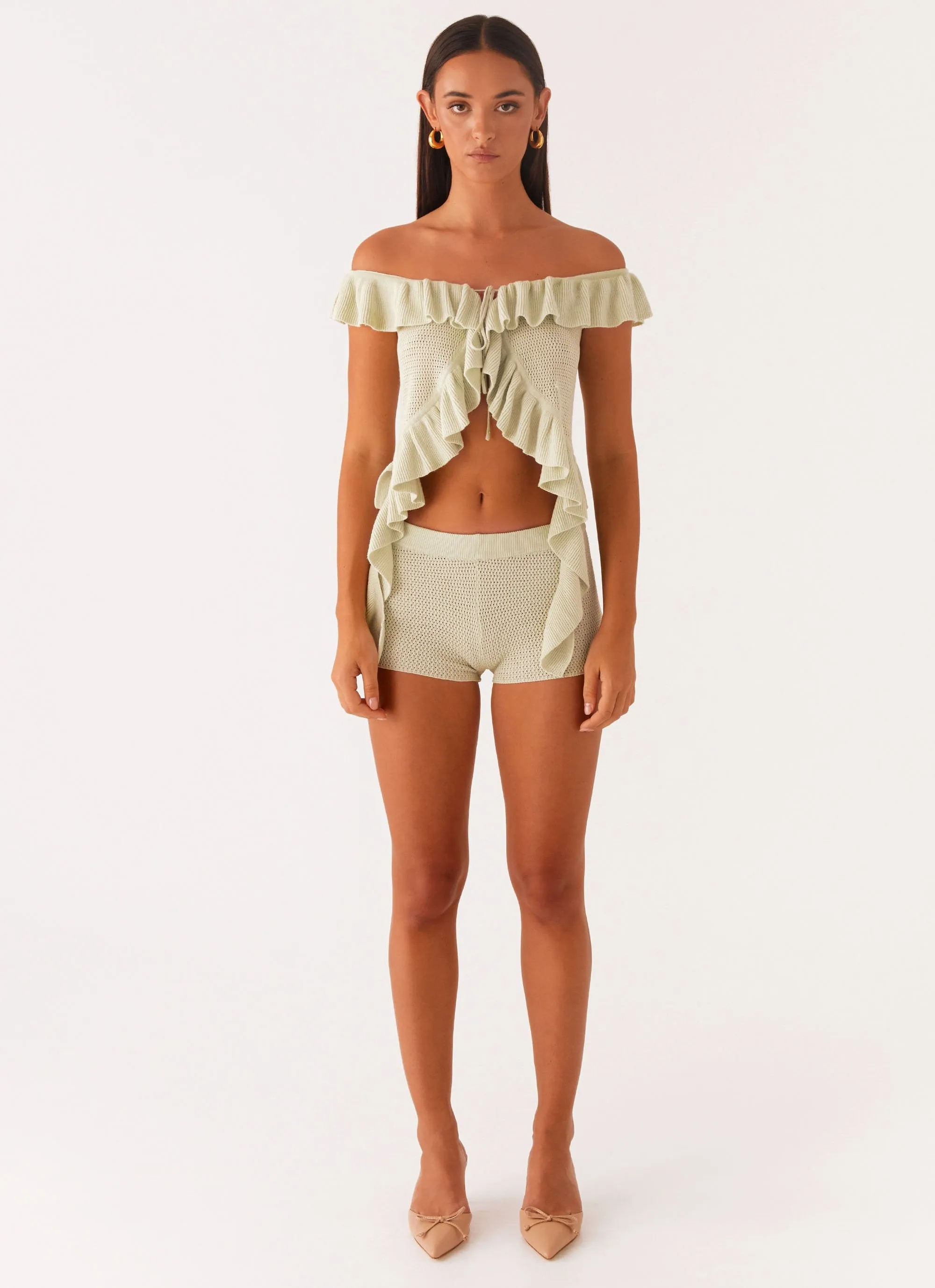 NonRestrictive Cut Thermal Insulation Tech Bowen Off Shoulder Knit Top - Mint