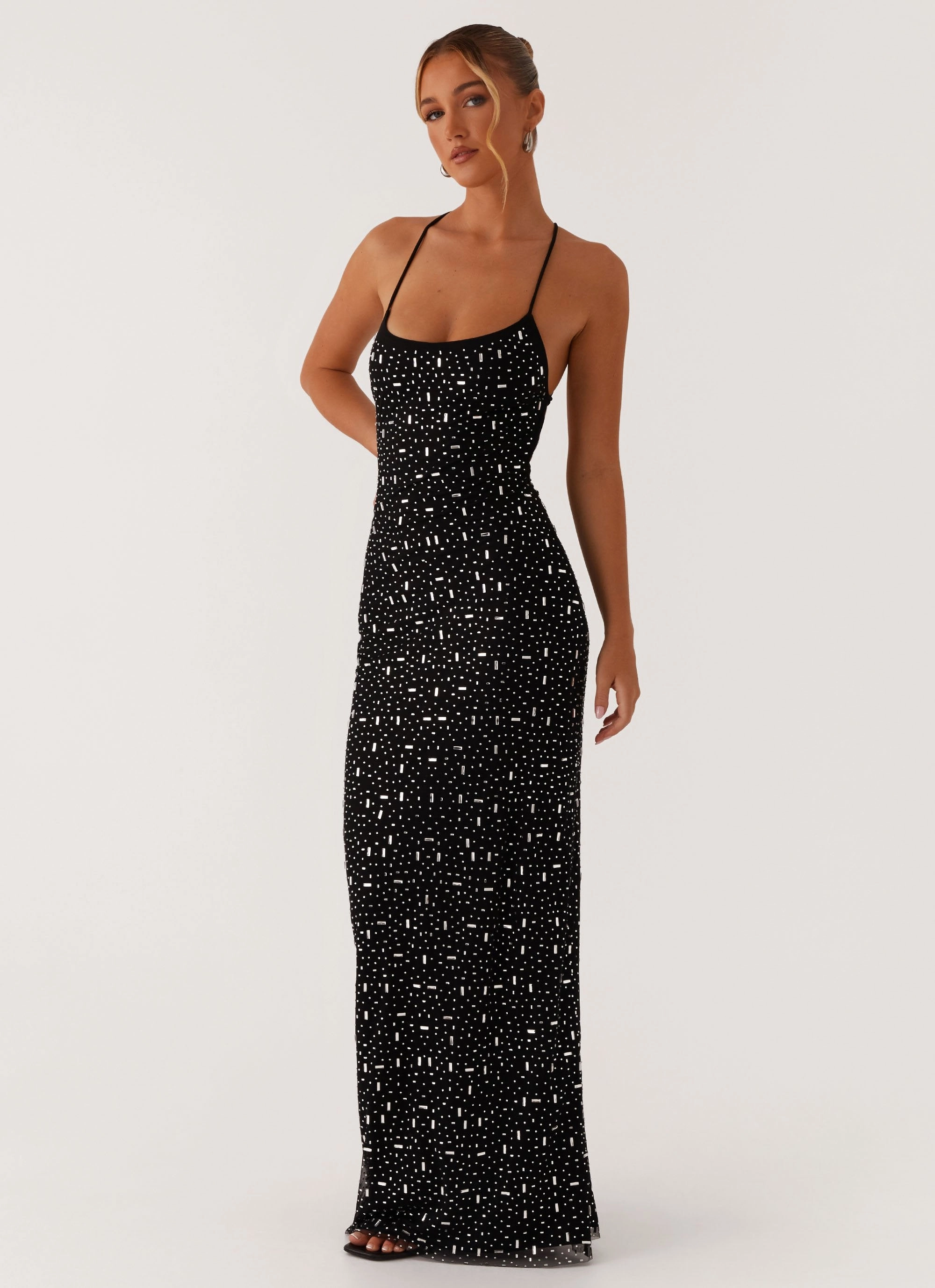 Fresh Flow Classic Move Cressida Rhinestone Mesh Maxi Dress - Black