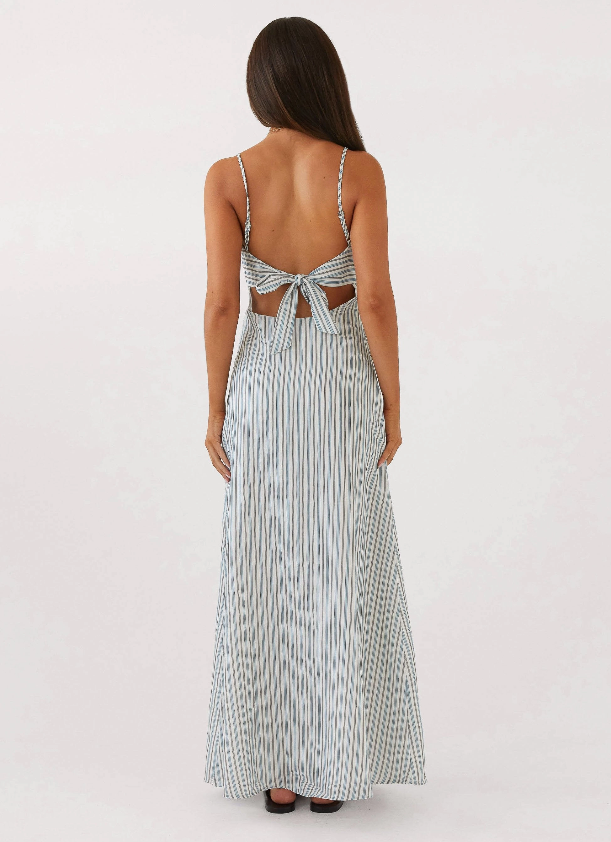 Mid layer Snag-Resistant Flora Linen Maxi Dress - Blue Choc Stripe