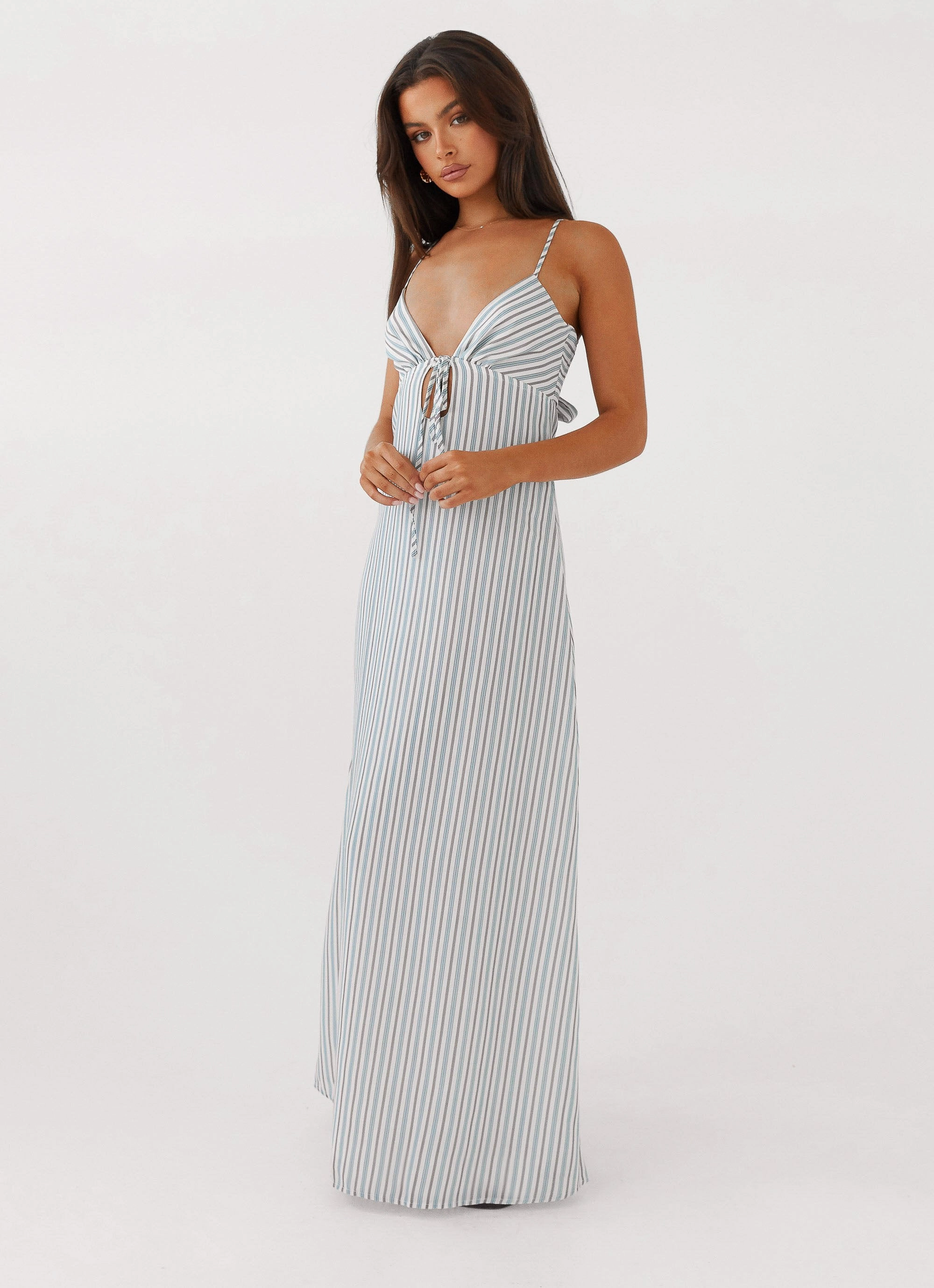 Luxury Feel Flora Linen Maxi Dress - Blue Choc Stripe