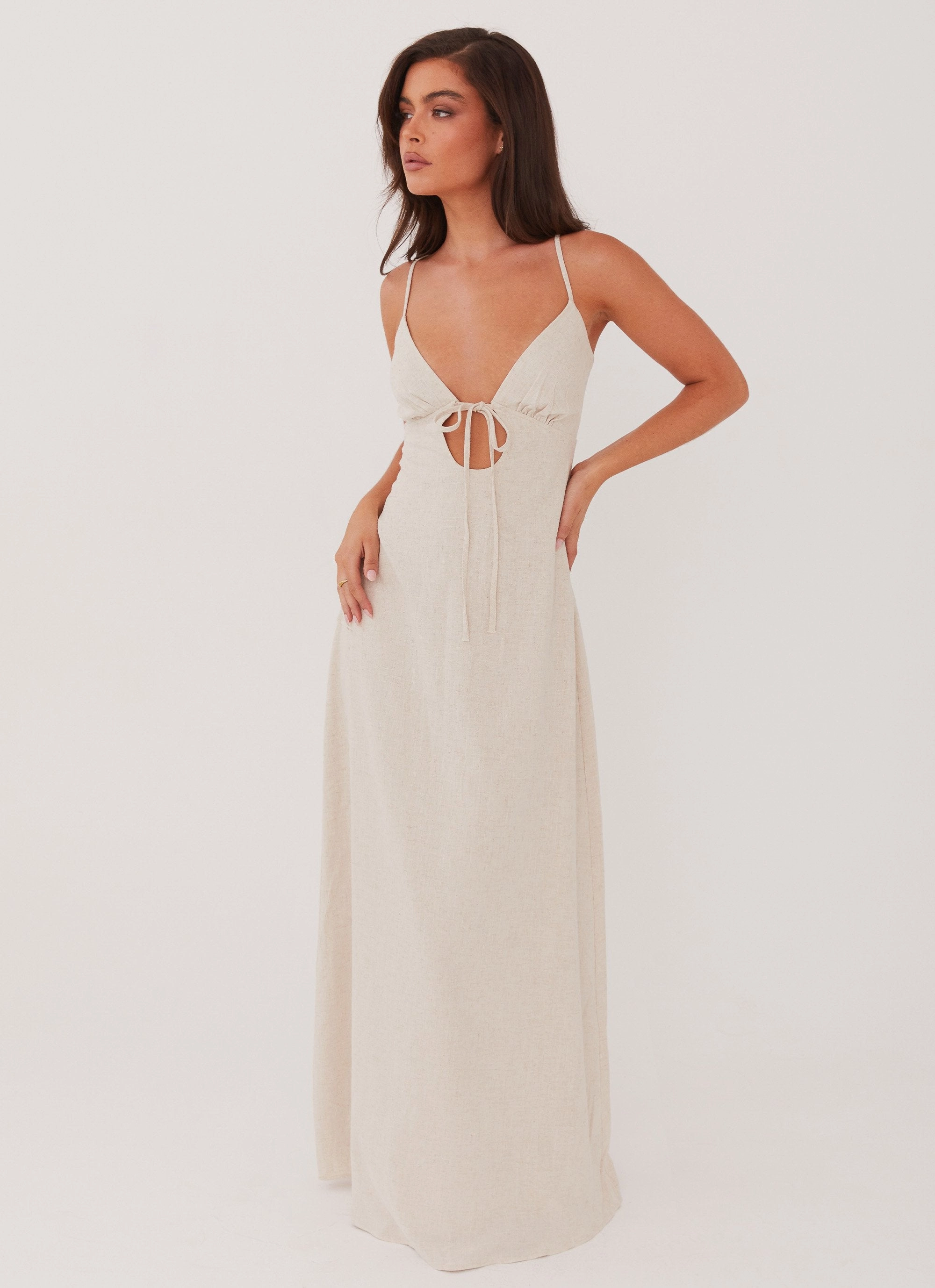 Office Tone Form Flow Flora Linen Maxi Dress - Oatmeal