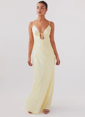 Flora Satin Maxi Dress - Lemon Flattering Waist