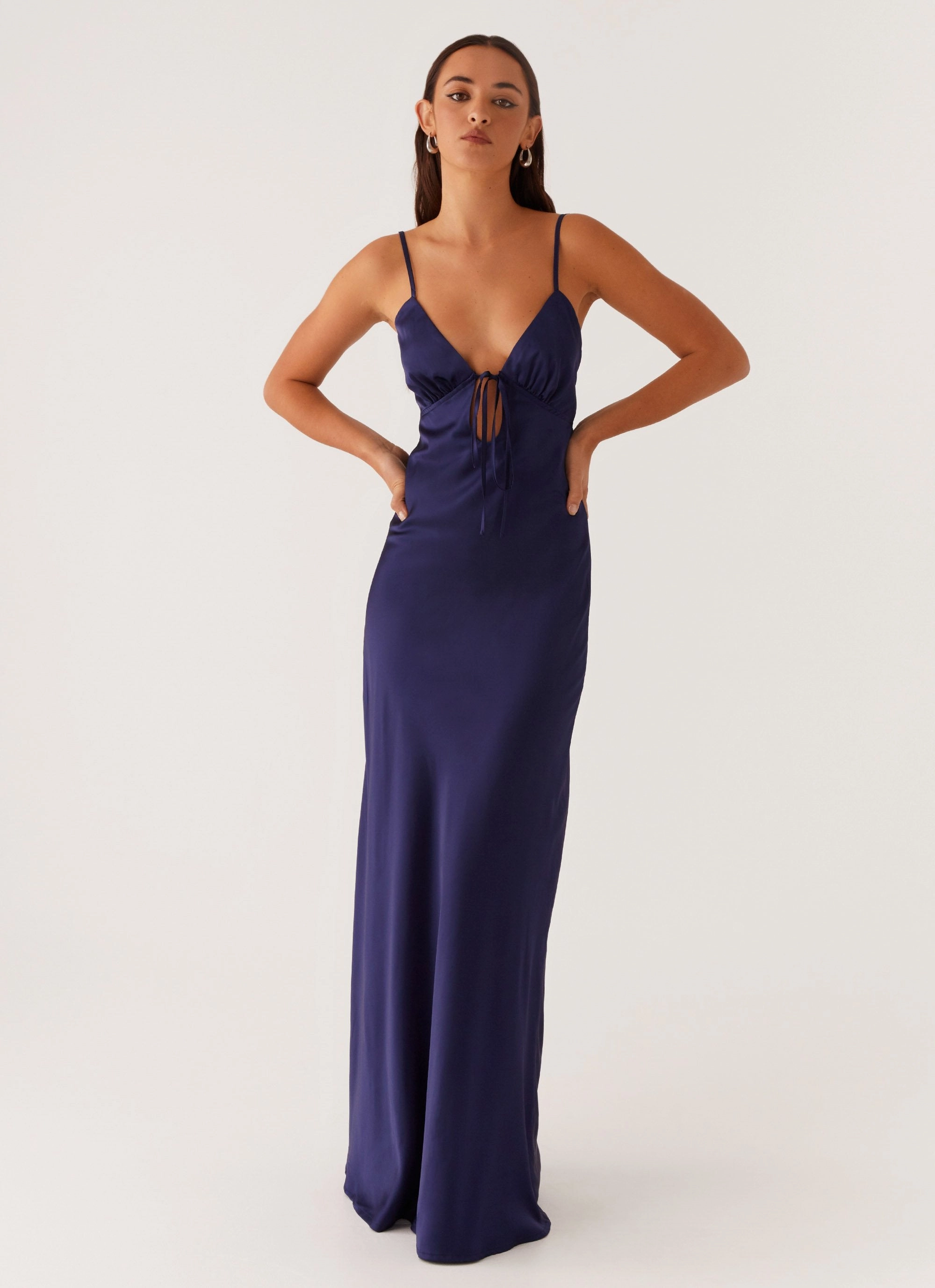 Hidden Zipper Flora Satin Maxi Dress - Navy