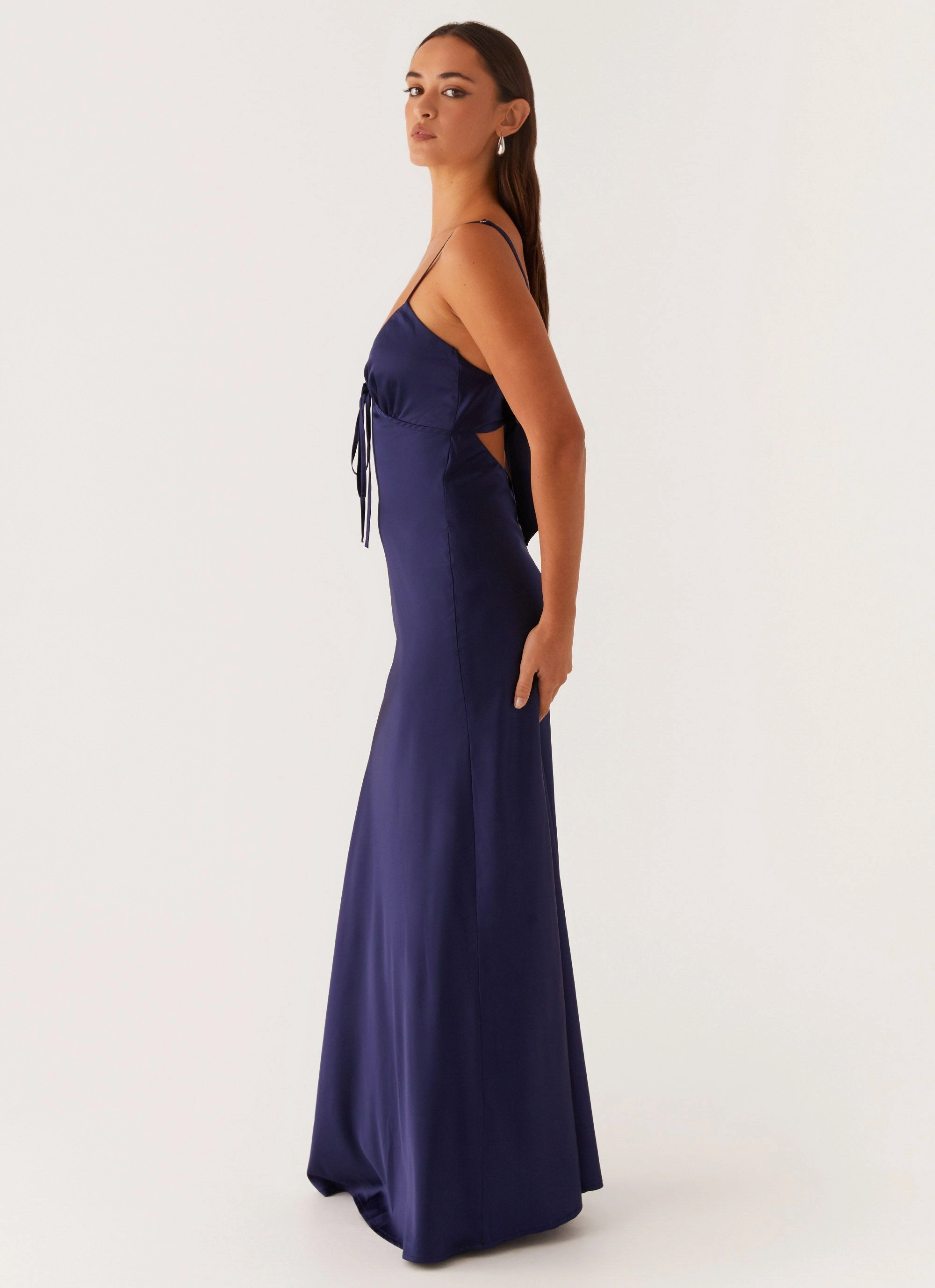 Flora Satin Maxi Dress - Navy Open Design