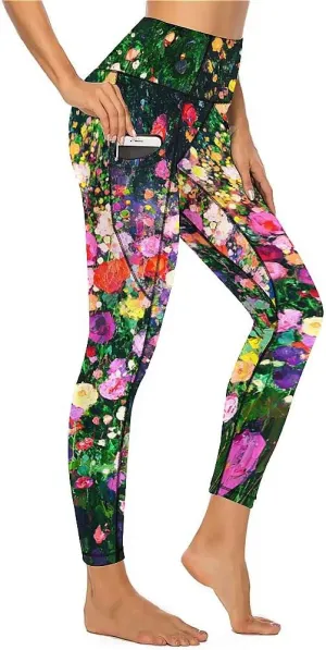 Flower High Waist Yoga Pants with Pockets Compression Leggings High Compression Athletic Women