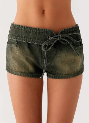Relaxed Lines Vivia Denim Micro Shorts - Washed Khaki