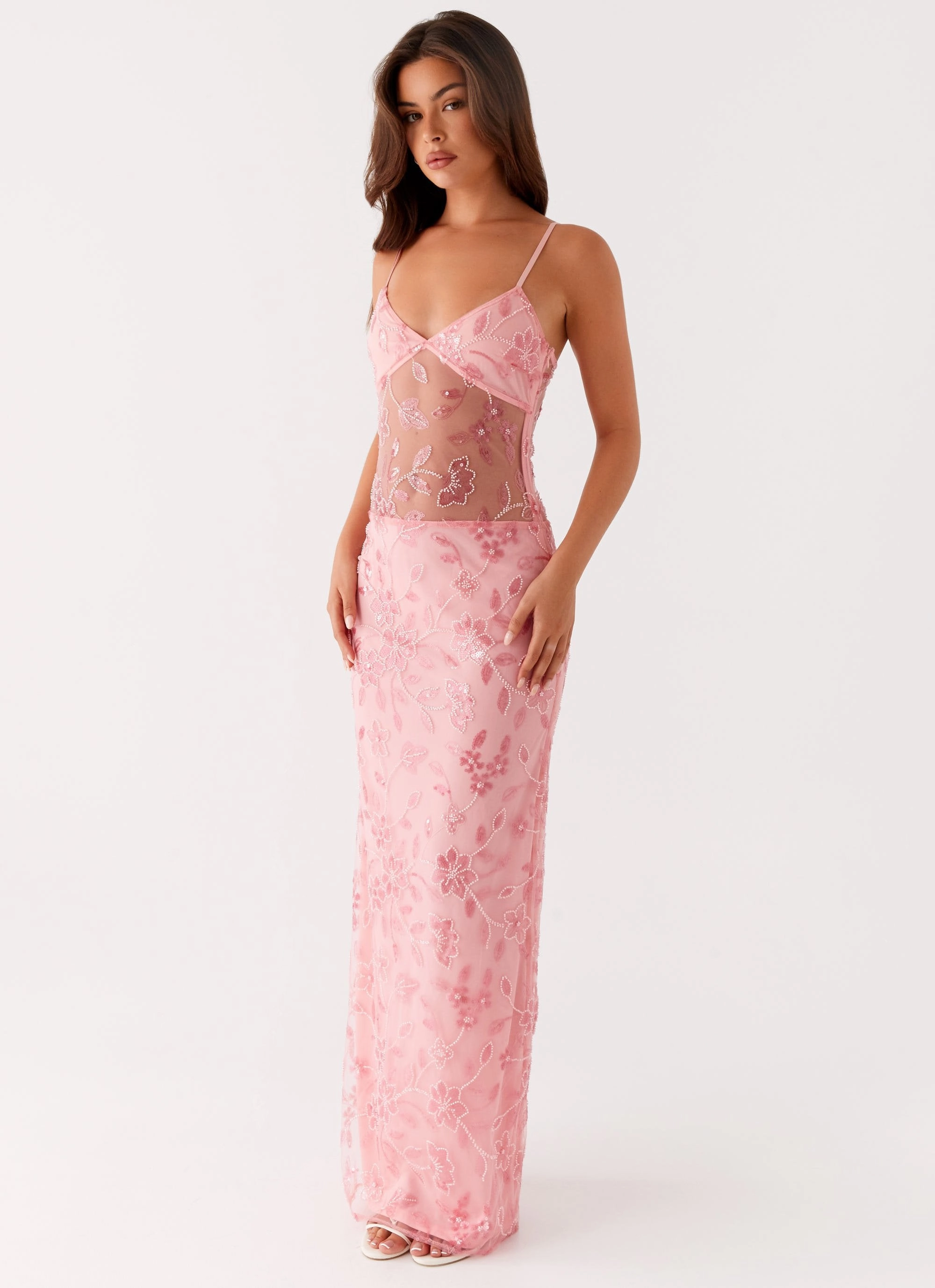Akira Beaded Maxi Dress - Pink Orange Dew Tone Elegant holiday wear