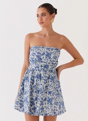 Forget Me Not Linen Mini Dress - Blue Paisley Piped-Edge All Wear