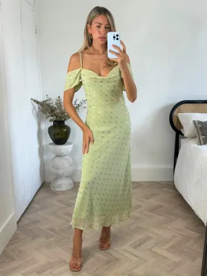 Brylee Cowl Neck Cold Shoulder Midaxi Dress in Sage & Gold understated look Elastic Fit
