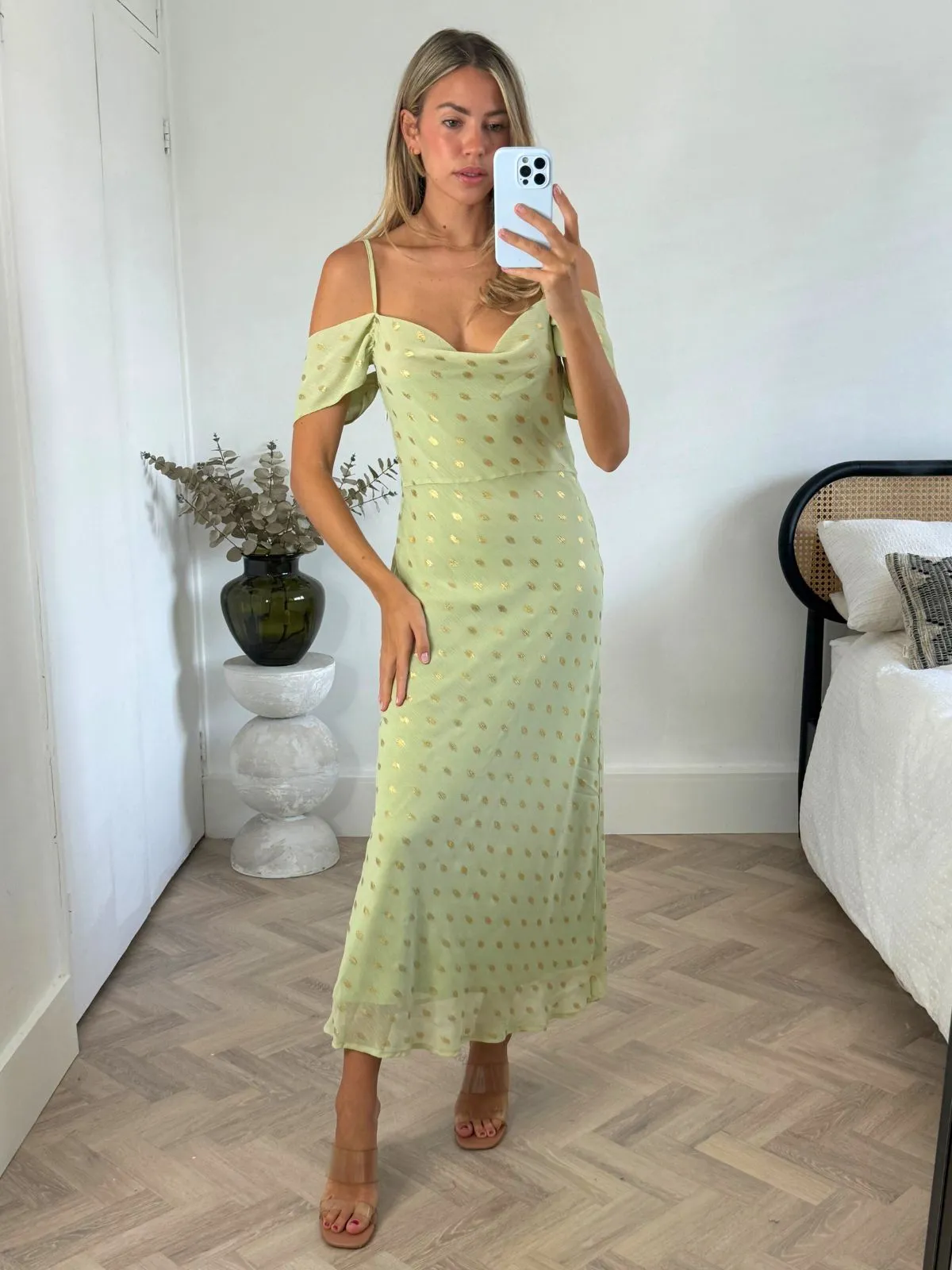 Brylee Cowl Neck Cold Shoulder Midaxi Dress in Sage & Gold understated look Elastic Fit