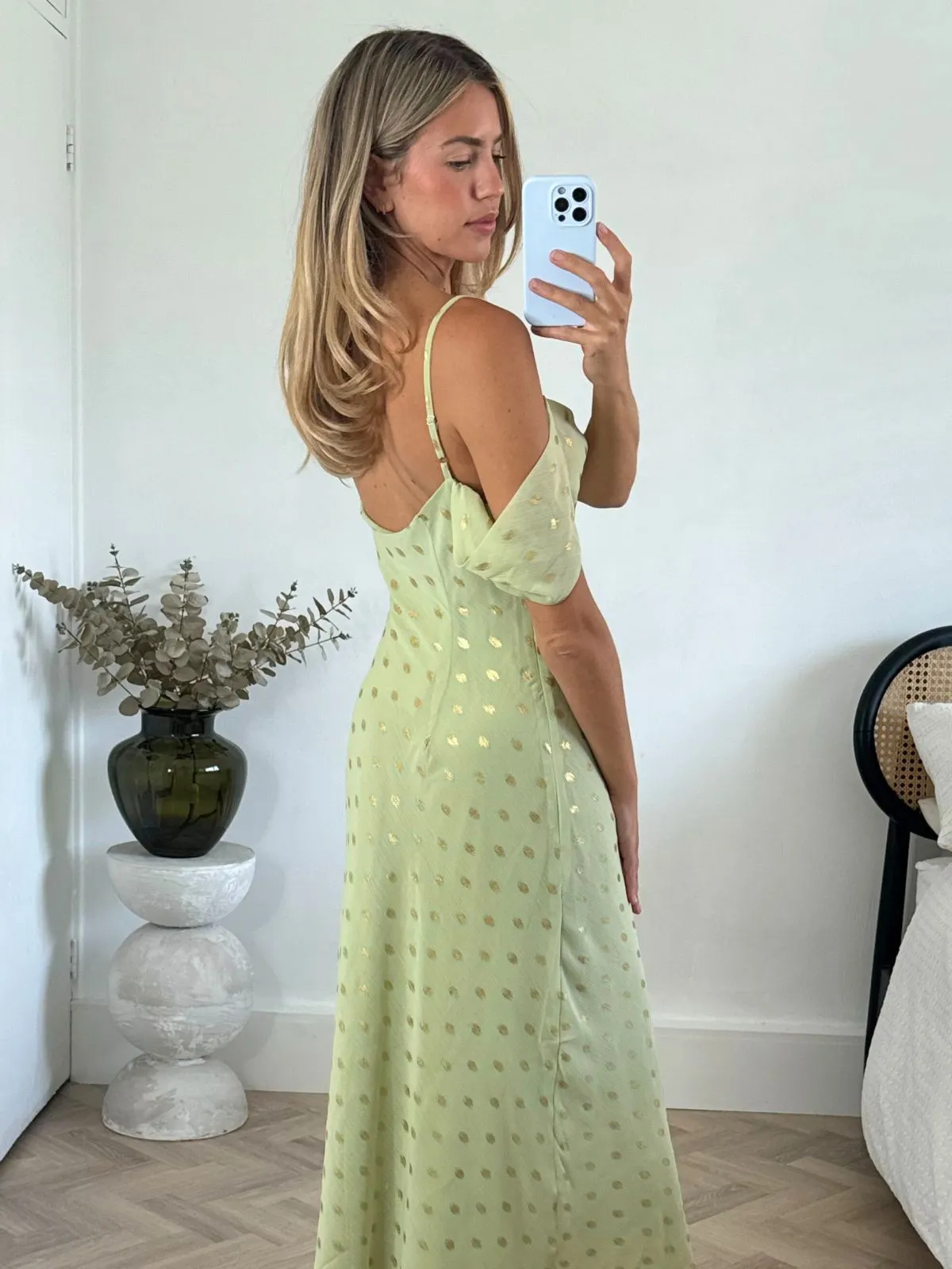 Mixed Fabric Resort Vibes Brylee Cowl Neck Cold Shoulder Midaxi Dress in Sage & Gold