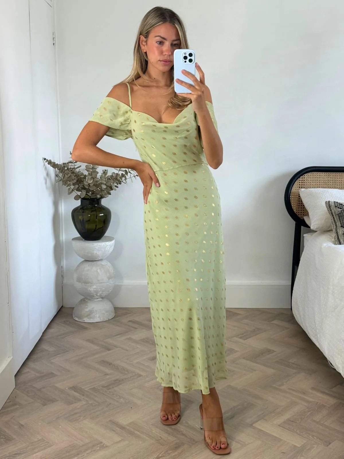 Brylee Cowl Neck Cold Shoulder Midaxi Dress in Sage & Gold Wrap style