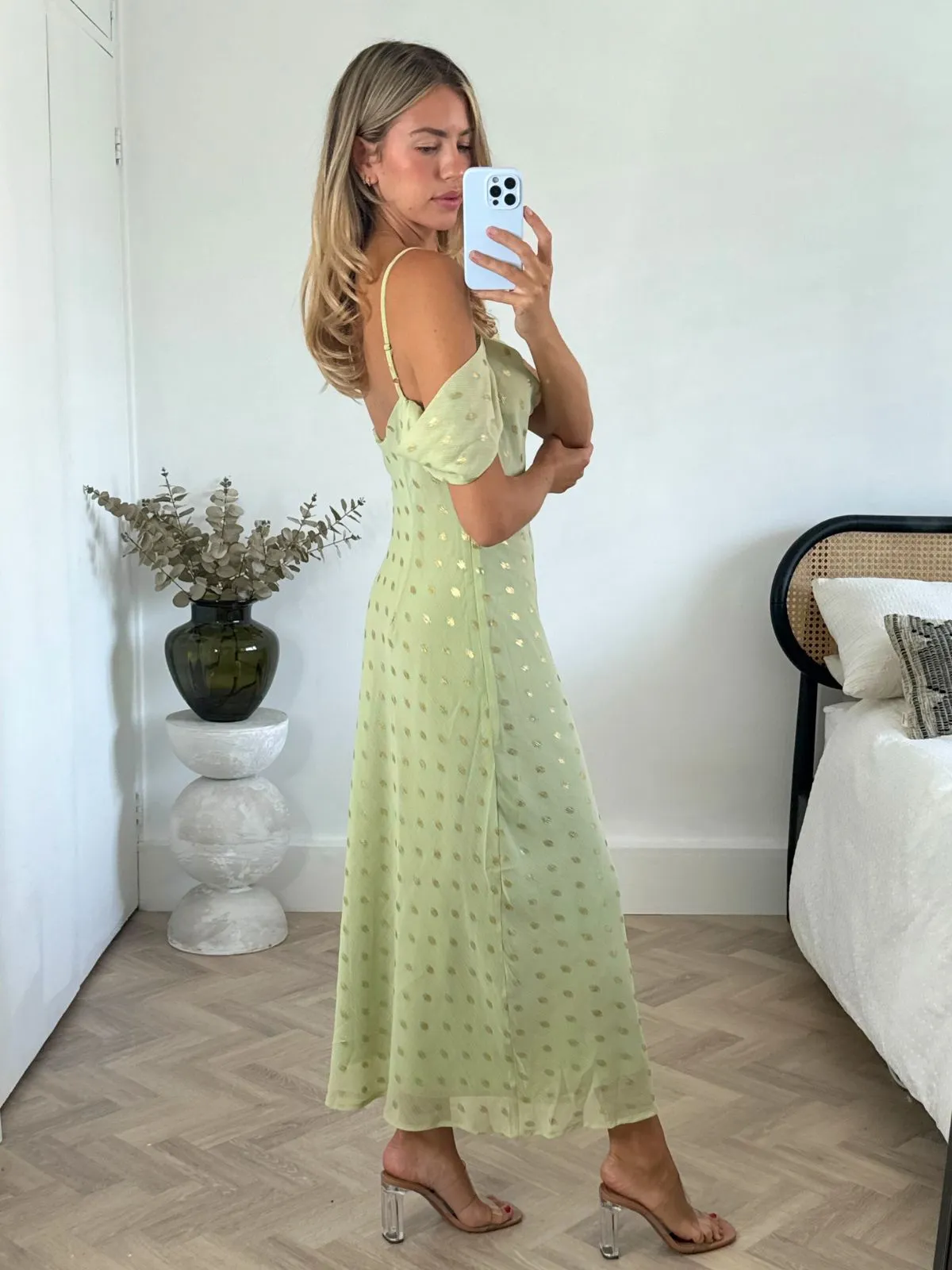 Flexible Fabric Brylee Cowl Neck Cold Shoulder Midaxi Dress in Sage & Gold