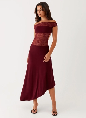 Francoise Lace Midi Dress - Burgundy Fringe-Detail