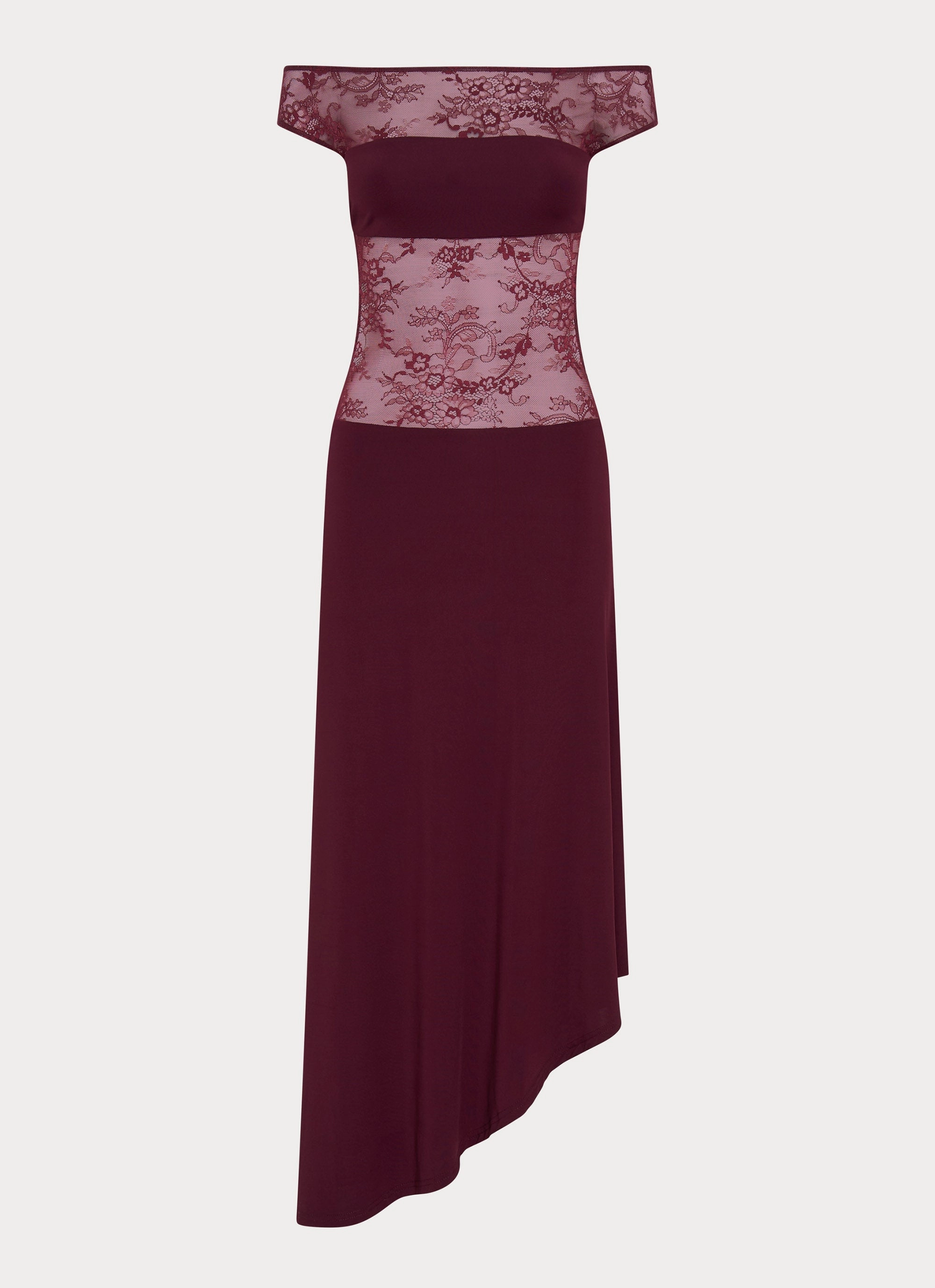 Clear Blush Asymmetric-Neck Francoise Lace Midi Dress - Burgundy