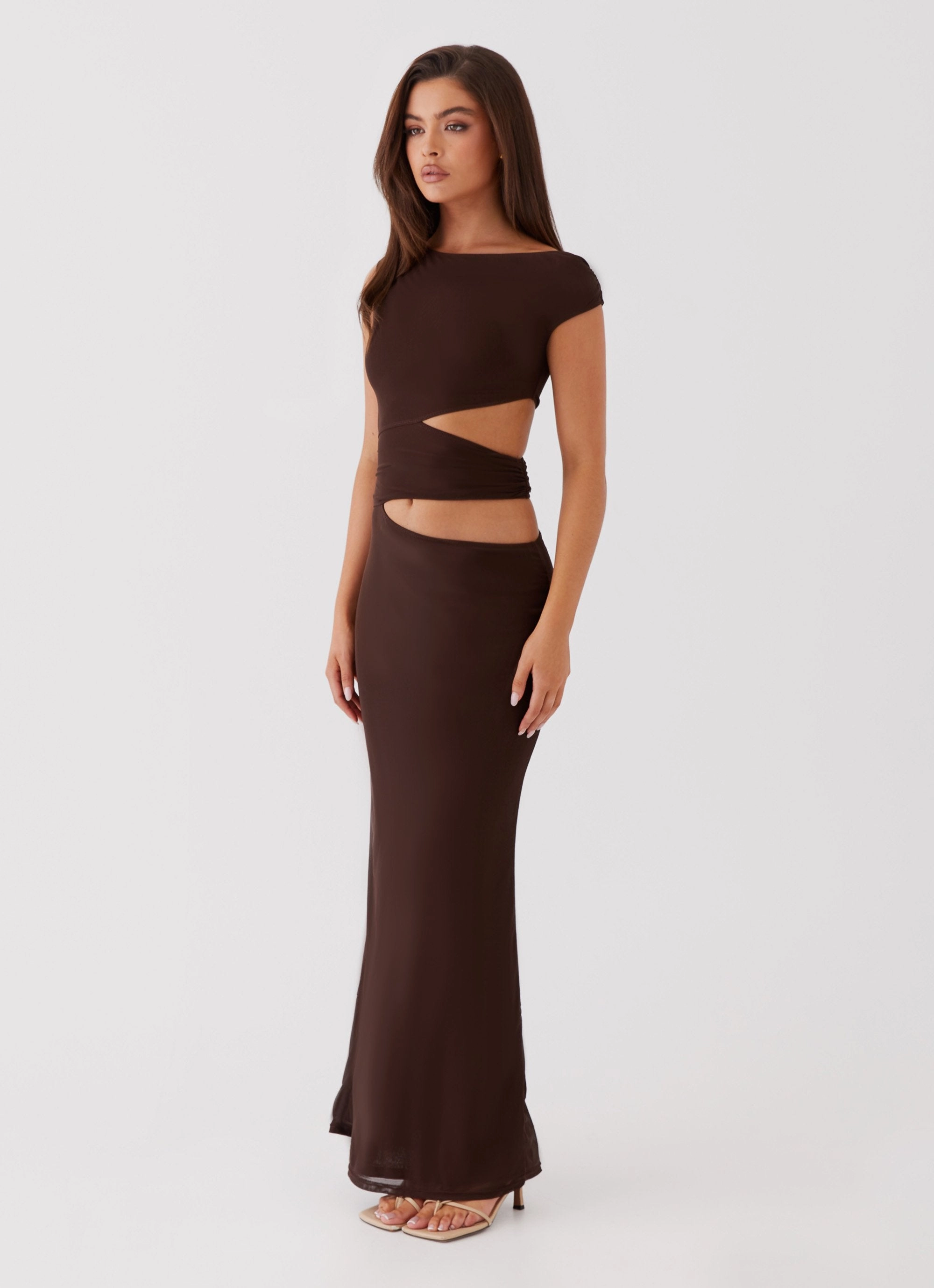 Warm-Layer Evening Tone Margot One Shoulder Maxi Dress - Chocolate
