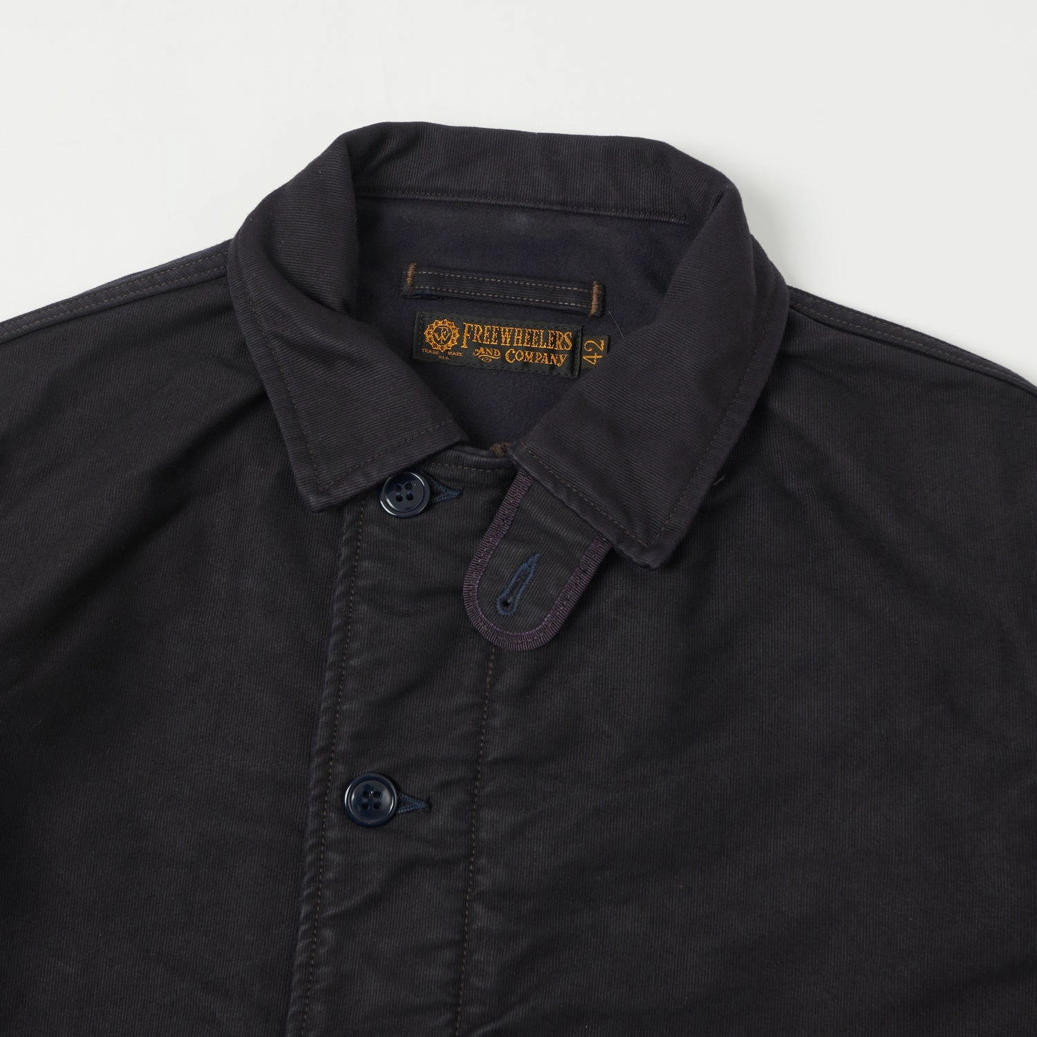 Freewheelers & Co Deck Worker Jacket - Deep Navy Double Layered Collar wrinkle free finish