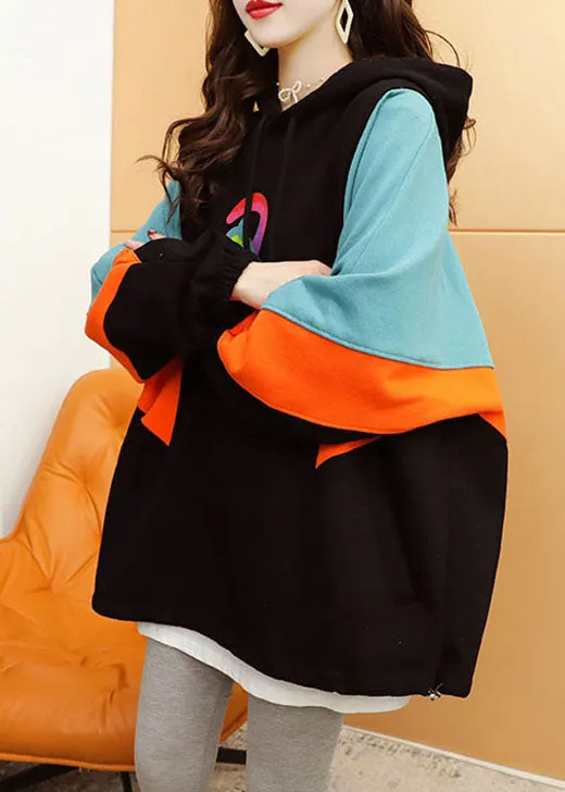 French Blue Hooded Graphic Cotton Sweatshirts Top Winter