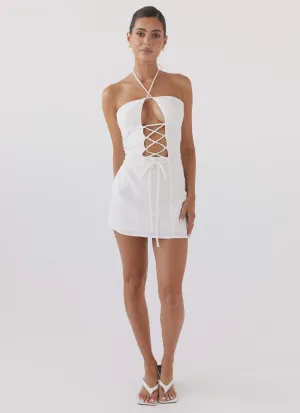 Island Echoes Linen Mini Dress - White Bold Prints Durable Fabric