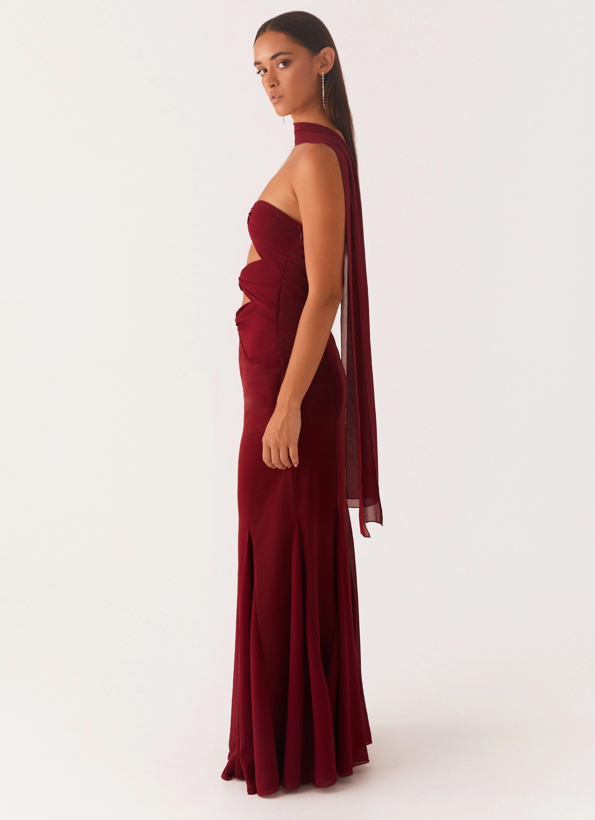 Satin-Sleeve Melrose Satin Chiffon Maxi Dress - Deep Red