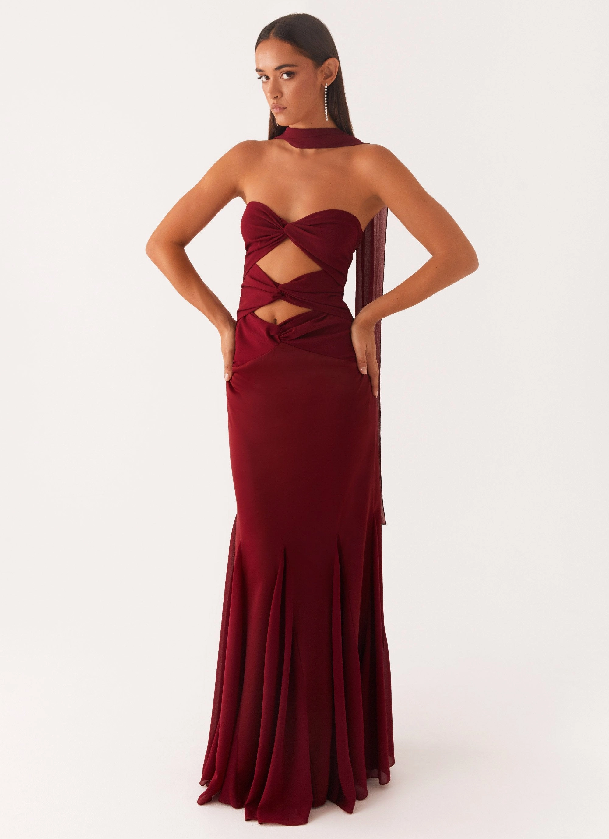 Vibrant Tone Melrose Satin Chiffon Maxi Dress - Deep Red