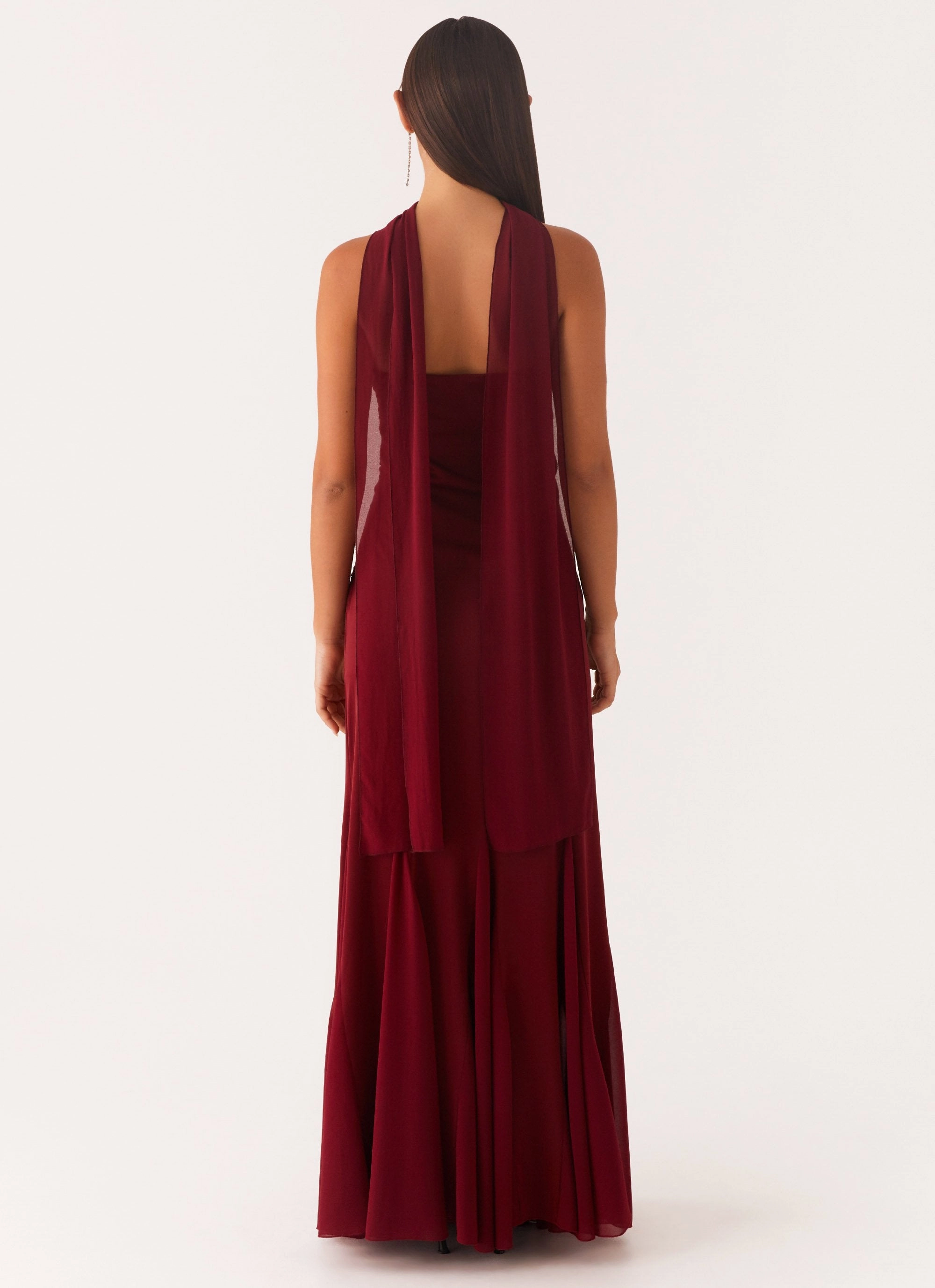 Moment Glow Chic Harmony Melrose Satin Chiffon Maxi Dress - Deep Red