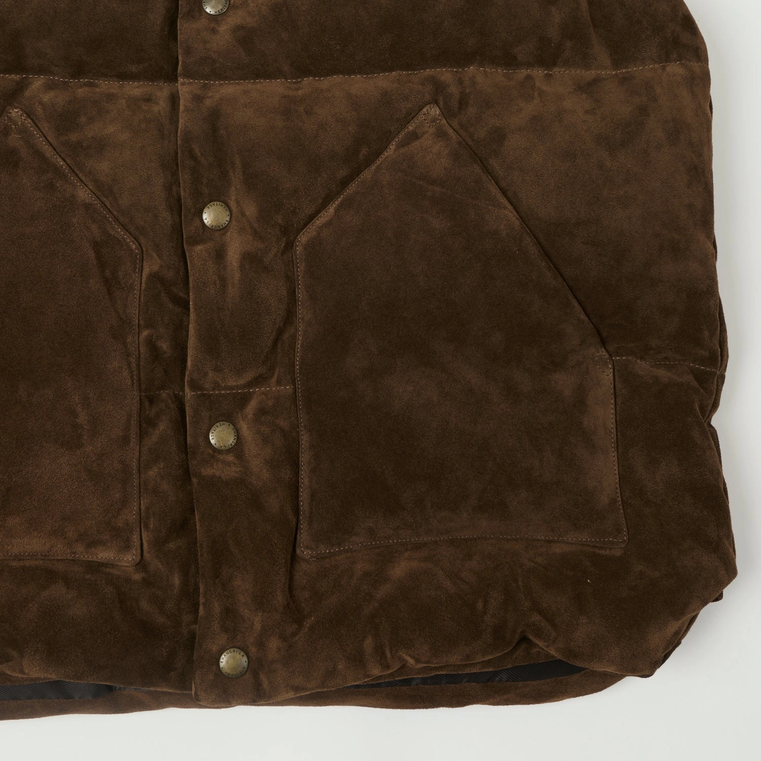 Shangri-La Heritage 'Bivacco' Suede Western Down Vest - Testa di Moro Brown Smooth Zipper Glides