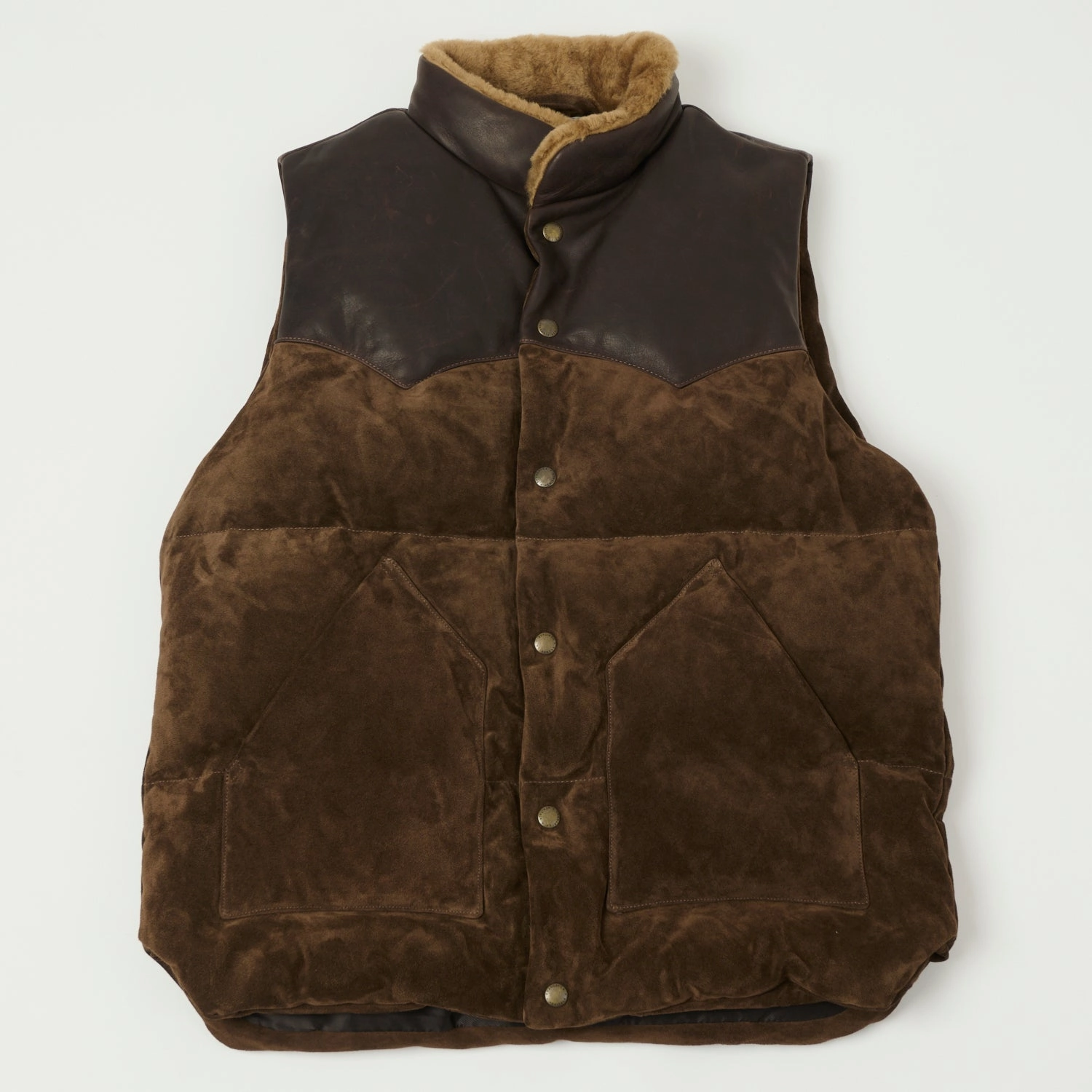 Shangri-La Heritage 'Bivacco' Suede Western Down Vest - Testa di Moro Brown Anti Pilling Finish Multi pockets