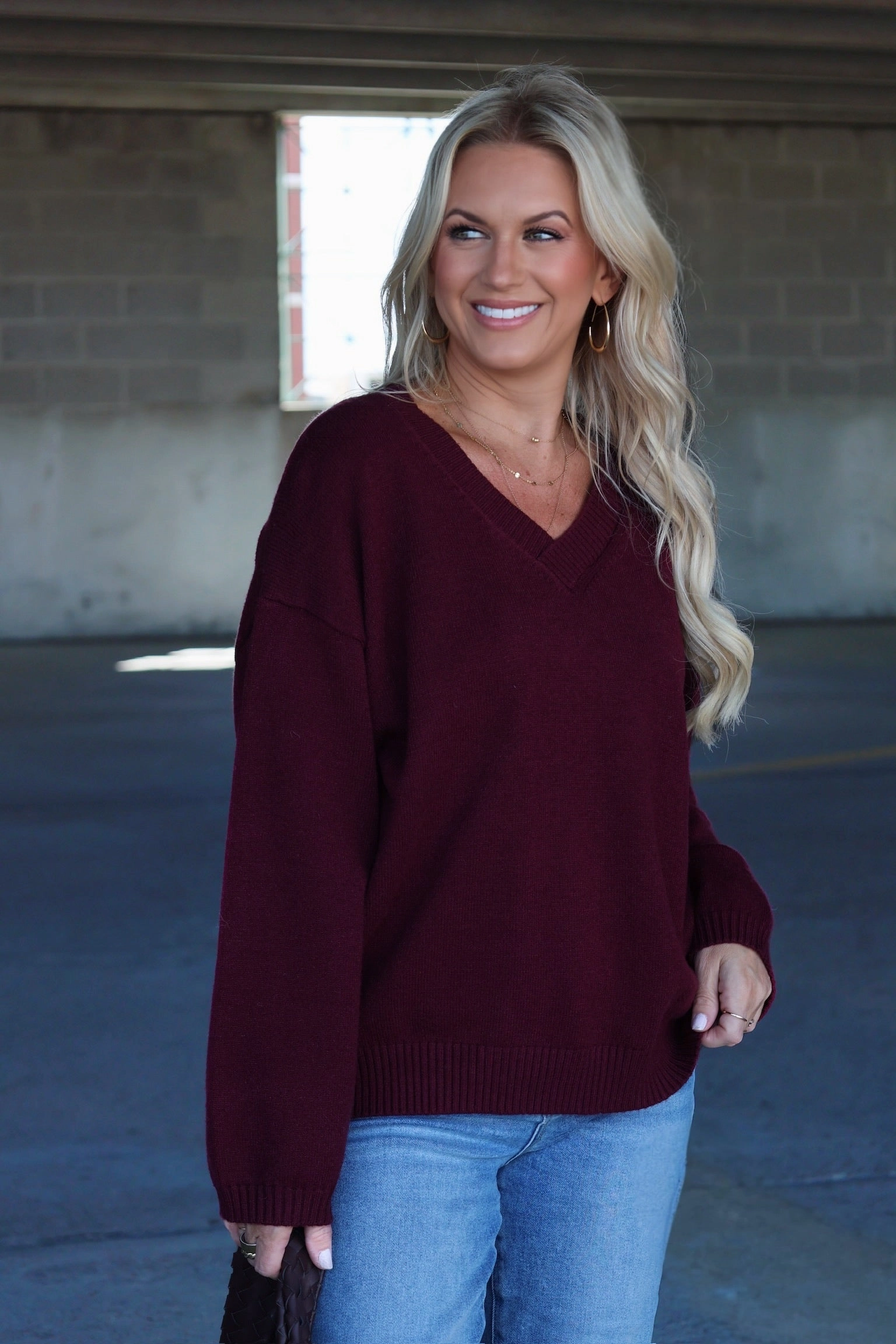 Erin V-Neck Sweater - Maroon Double Layered Fabric Slim Fit Shirt