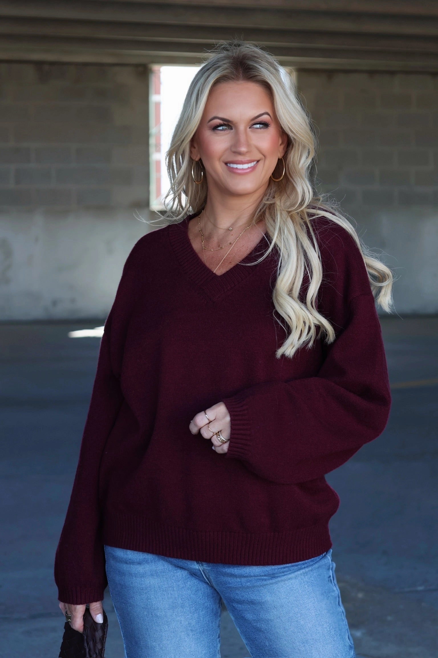 Erin V-Neck Sweater - Maroon Tapered Side Panels