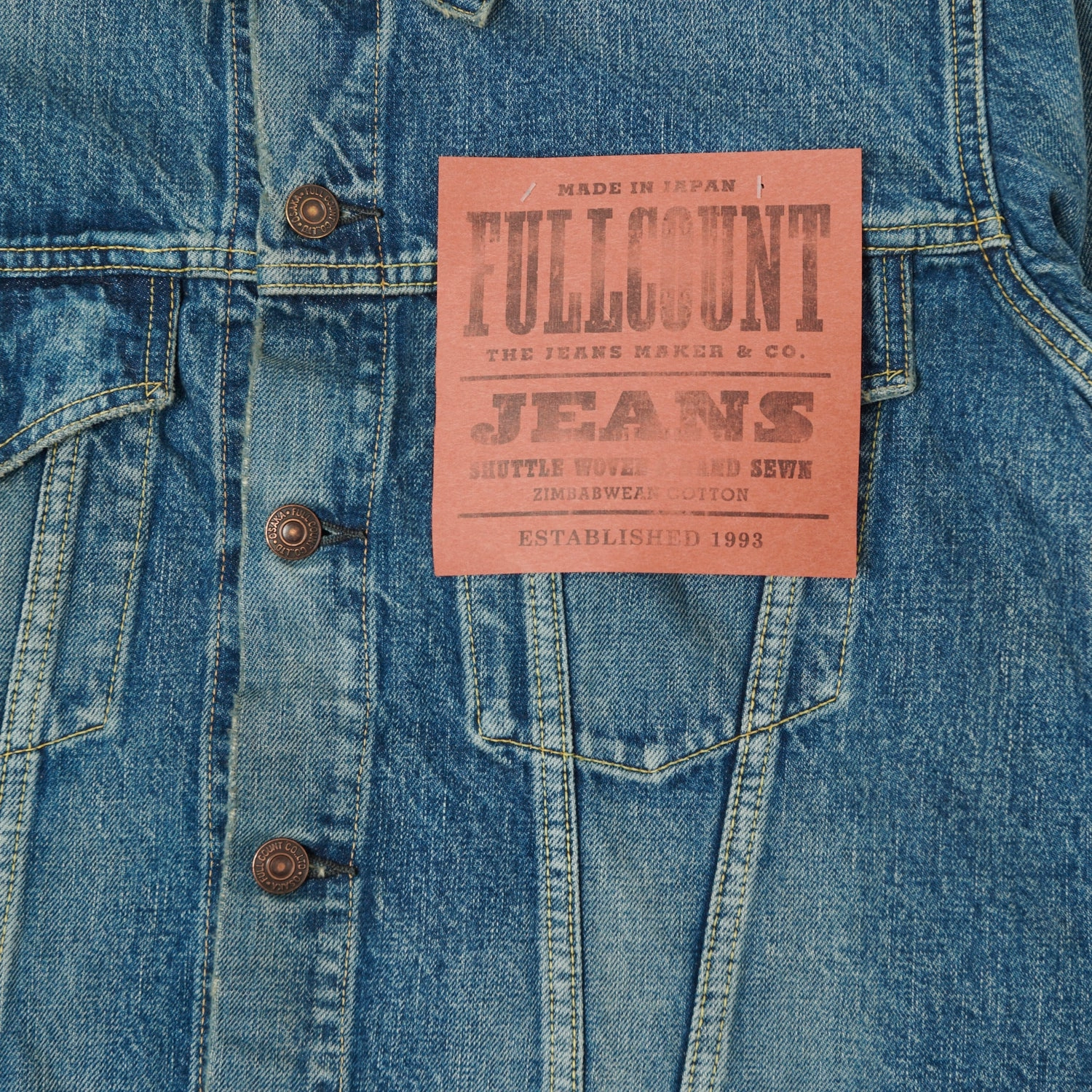 Full Count 2101 13.75oz Type III Denim Jacket - 'Dartford' Wash TapedZippers Classic Ribbed Cuffs