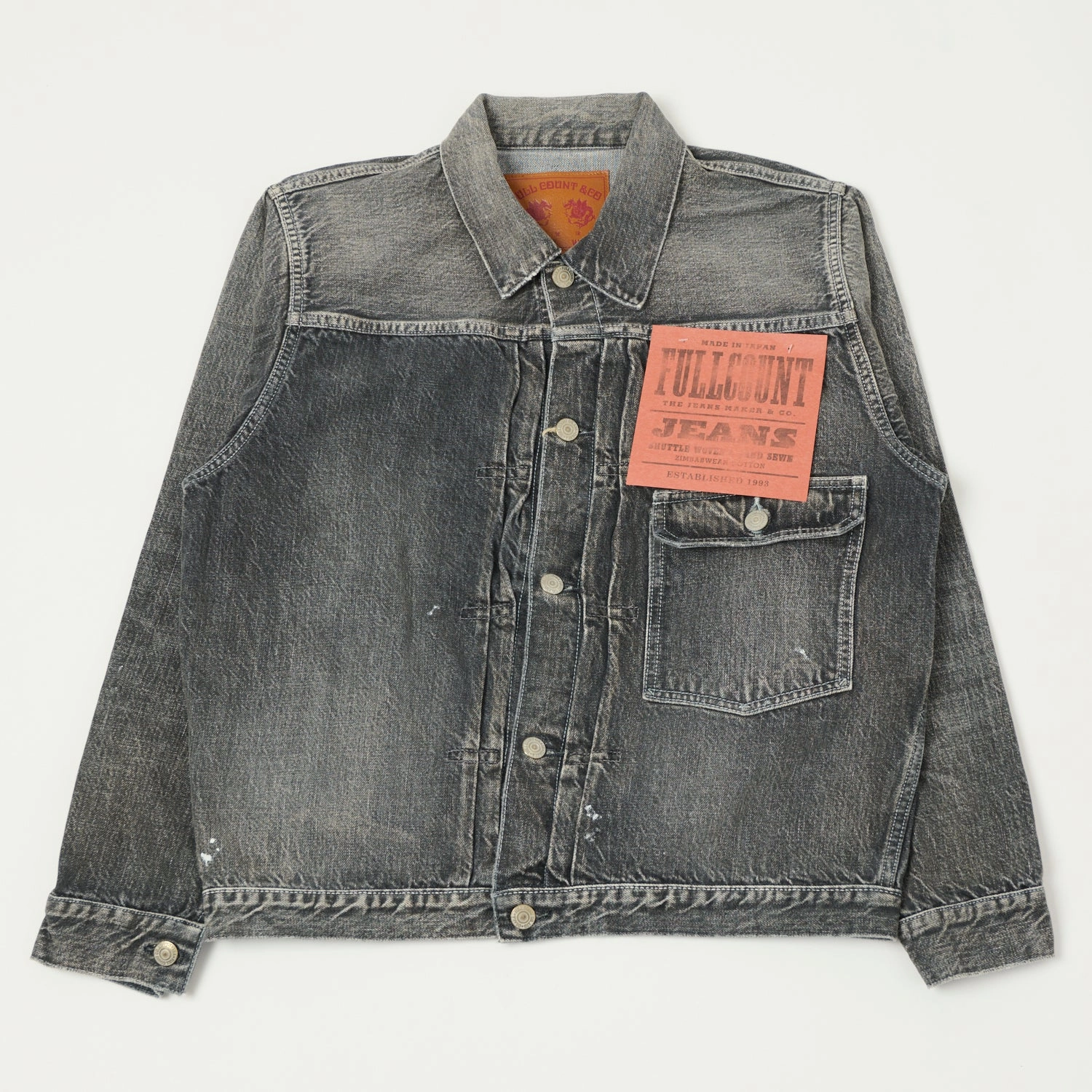 Full Count 2107 13.5oz Type I Denim Jacket - Black Splatter Dartford Wash Heat Retention Flexible Fit Engineering